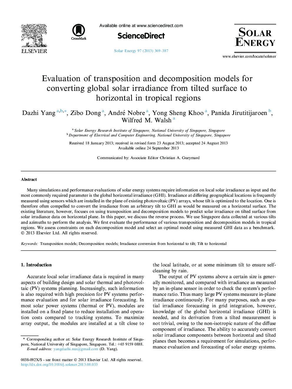 Evaluation of transposition and decomposition models for converting global solar irradiance from tilted surface to horizontal in tropical regions