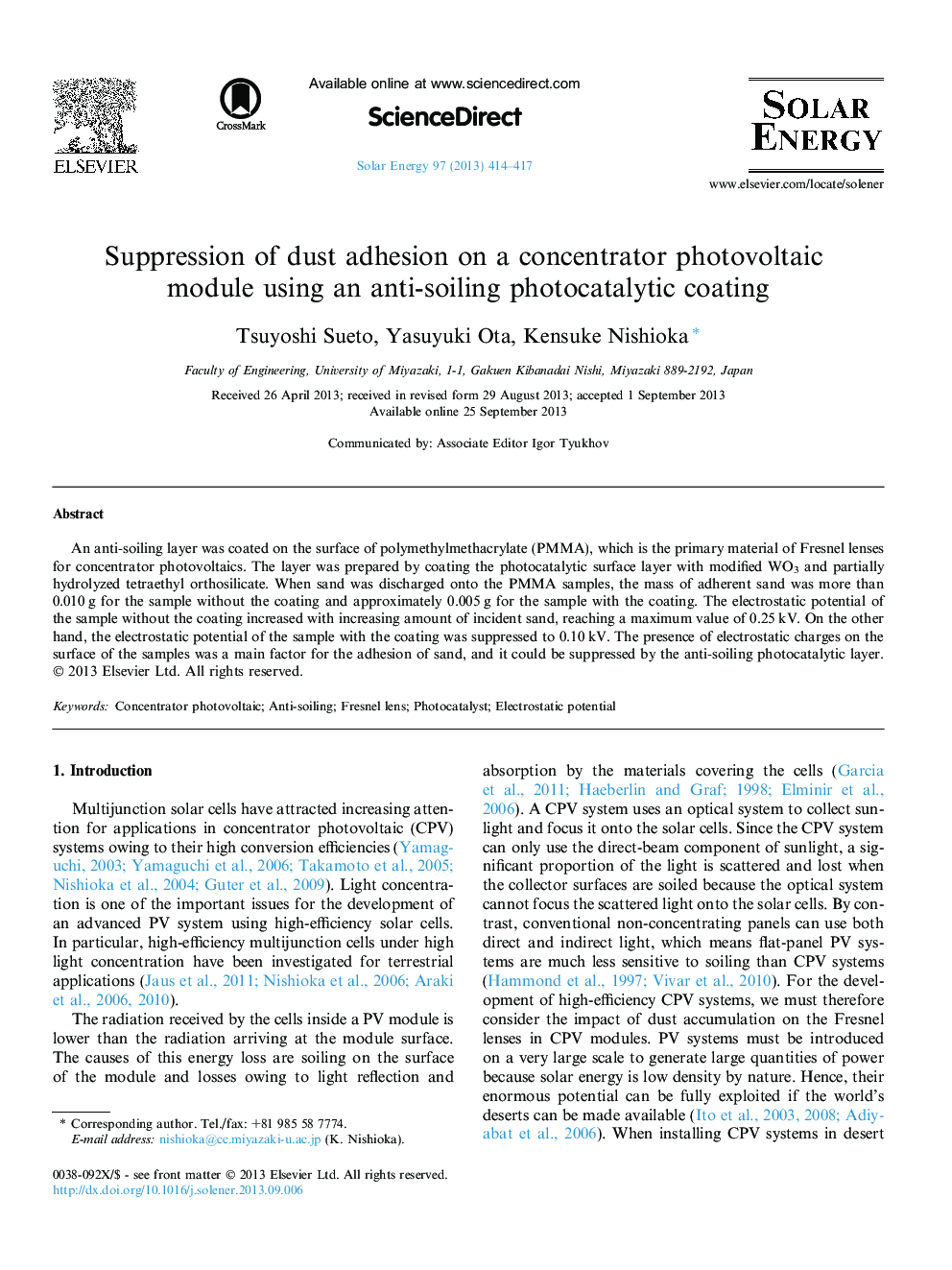 عکس صفحه اول مقاله: Suppression of dust adhesion on a concentrator photovoltaic module using an anti-soiling photocatalytic coating Suppression of dust adhesion on a concentrator photovoltaic module using an anti-soiling photocatalytic coating