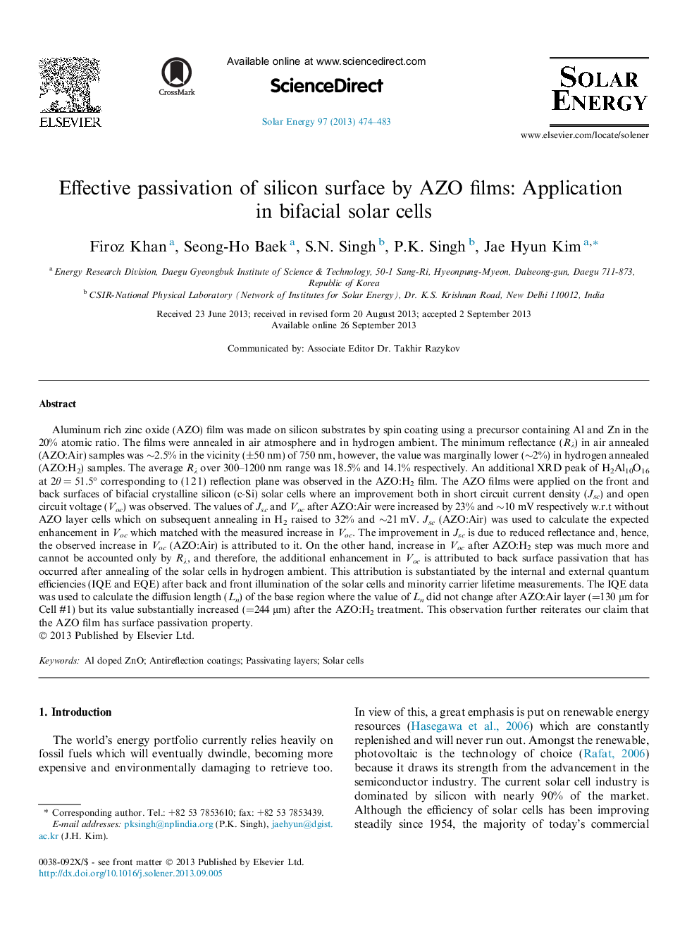 Effective passivation of silicon surface by AZO films: Application in bifacial solar cells