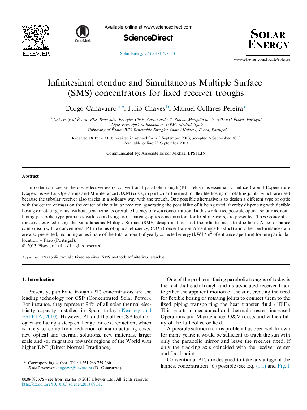 Infinitesimal etendue and Simultaneous Multiple Surface (SMS) concentrators for fixed receiver troughs