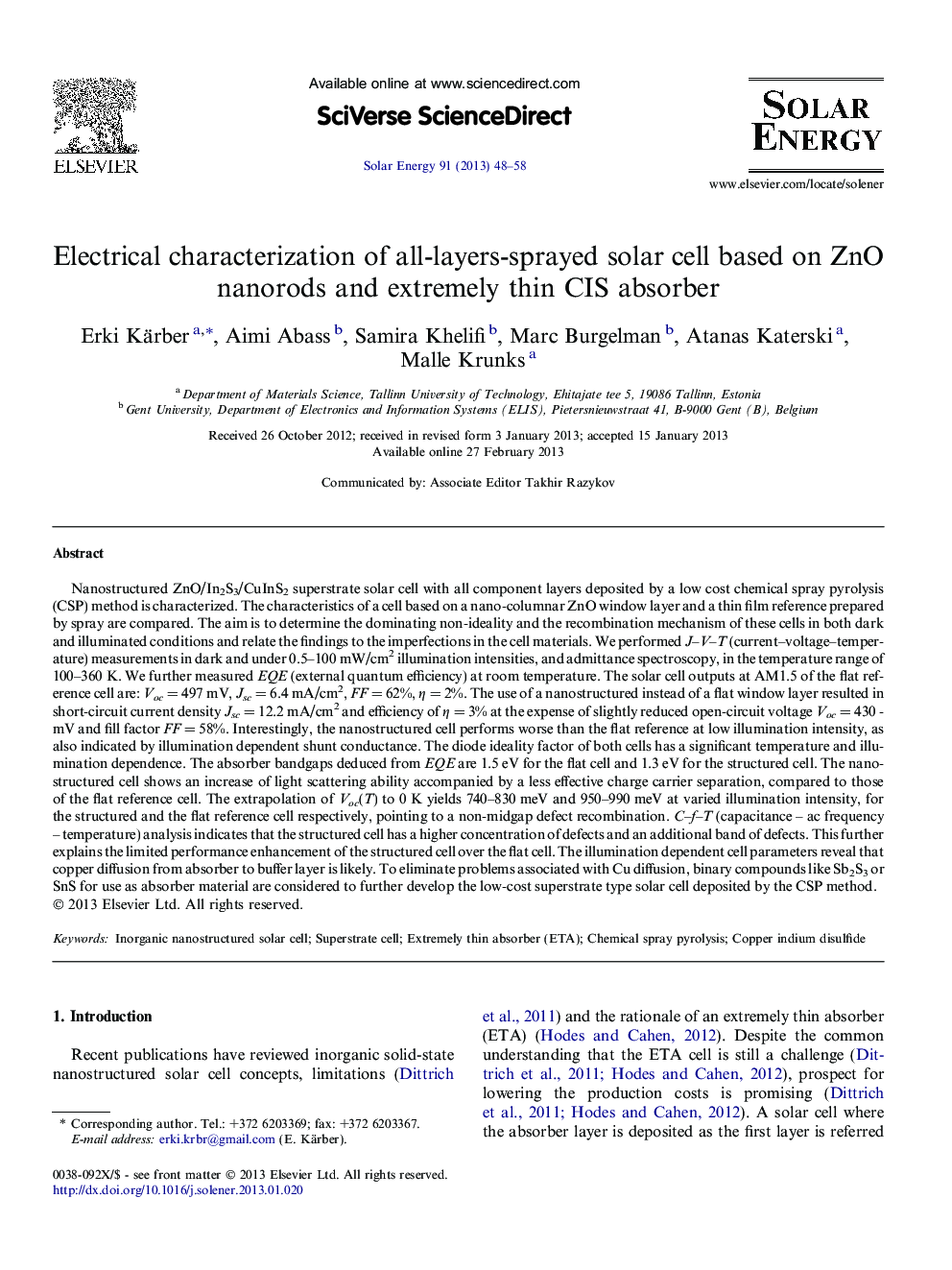 Electrical characterization of all-layers-sprayed solar cell based on ZnO nanorods and extremely thin CIS absorber