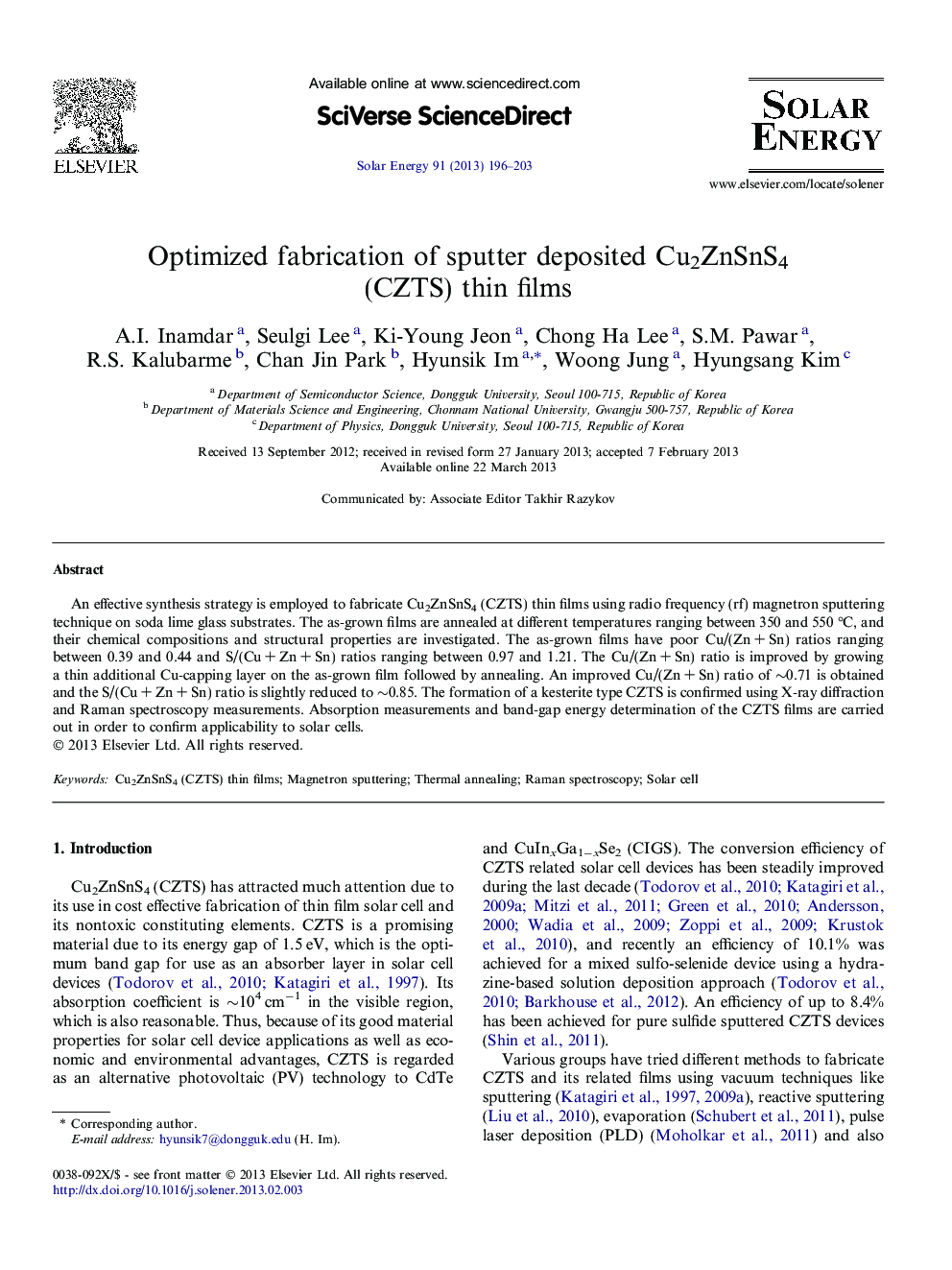 Optimized fabrication of sputter deposited Cu2ZnSnS4 (CZTS) thin films