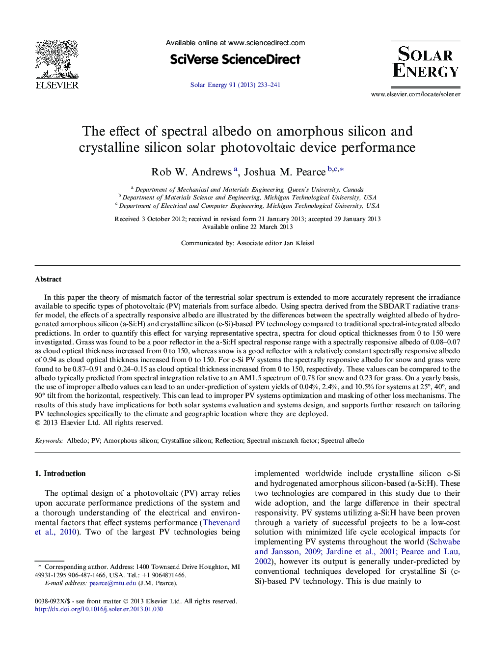 The effect of spectral albedo on amorphous silicon and crystalline silicon solar photovoltaic device performance