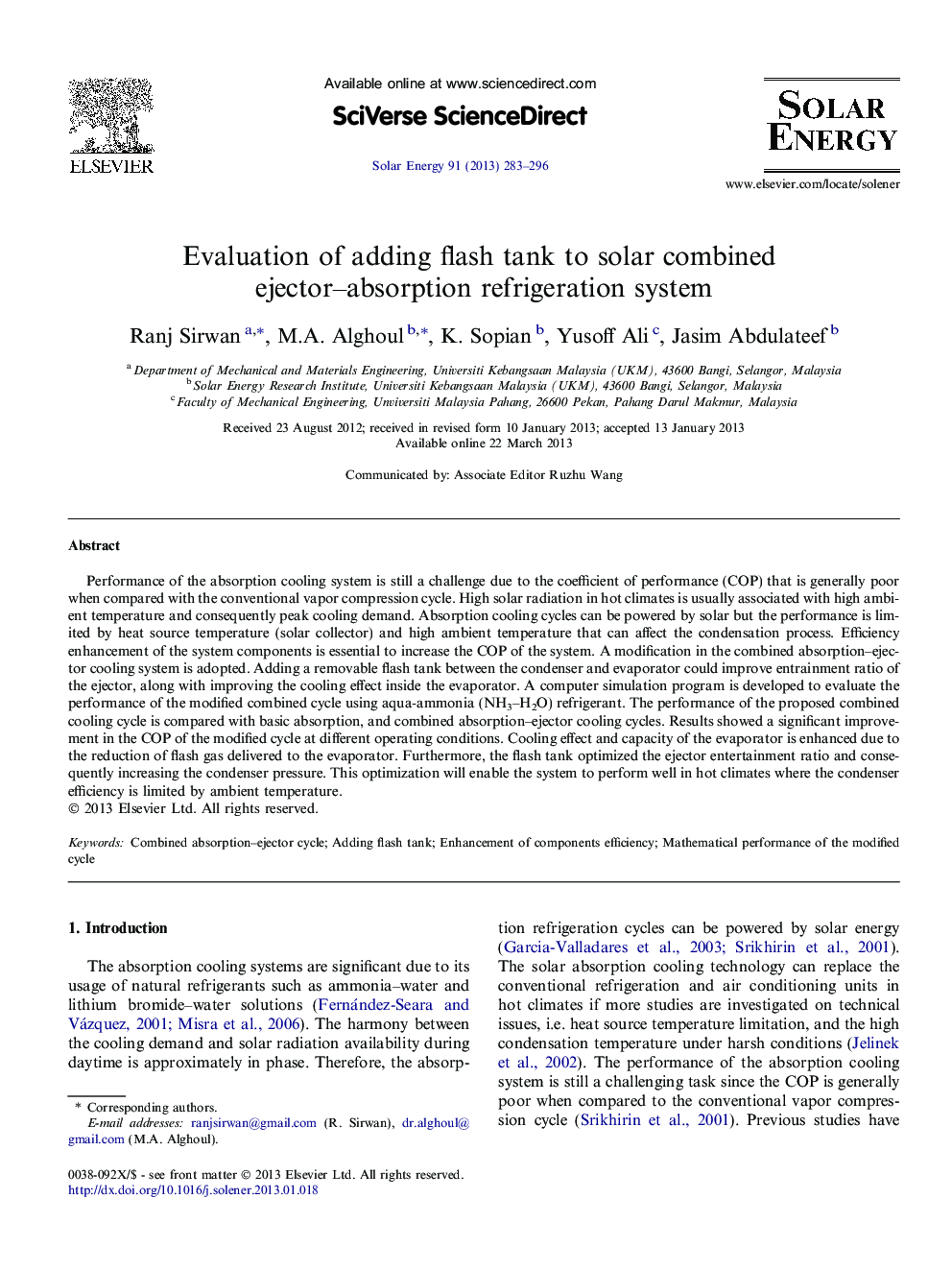 Evaluation of adding flash tank to solar combined ejector–absorption refrigeration system
