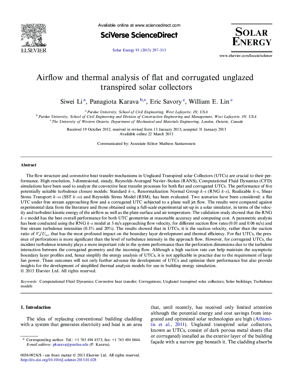 Airflow and thermal analysis of flat and corrugated unglazed transpired solar collectors