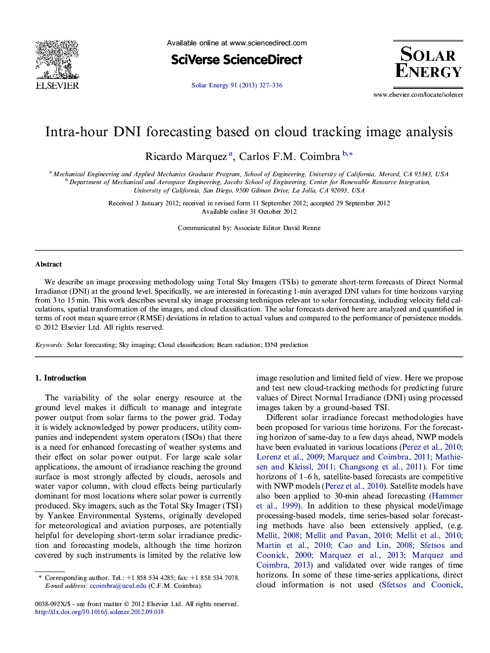 Intra-hour DNI forecasting based on cloud tracking image analysis