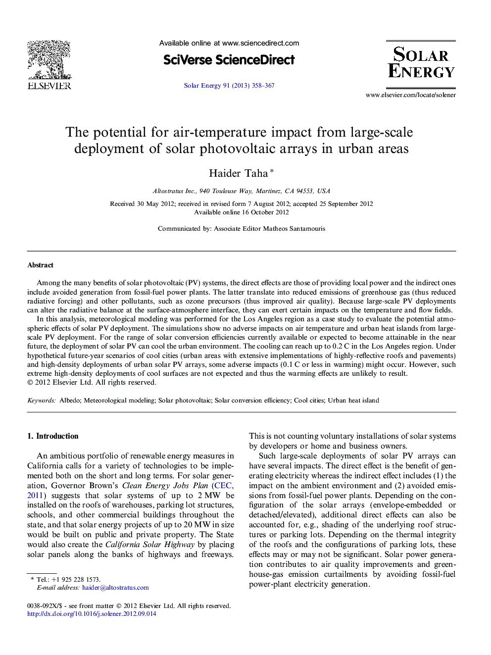 The potential for air-temperature impact from large-scale deployment of solar photovoltaic arrays in urban areas