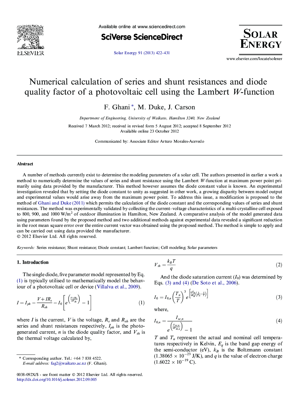 Numerical calculation of series and shunt resistances and diode quality factor of a photovoltaic cell using the Lambert W-function