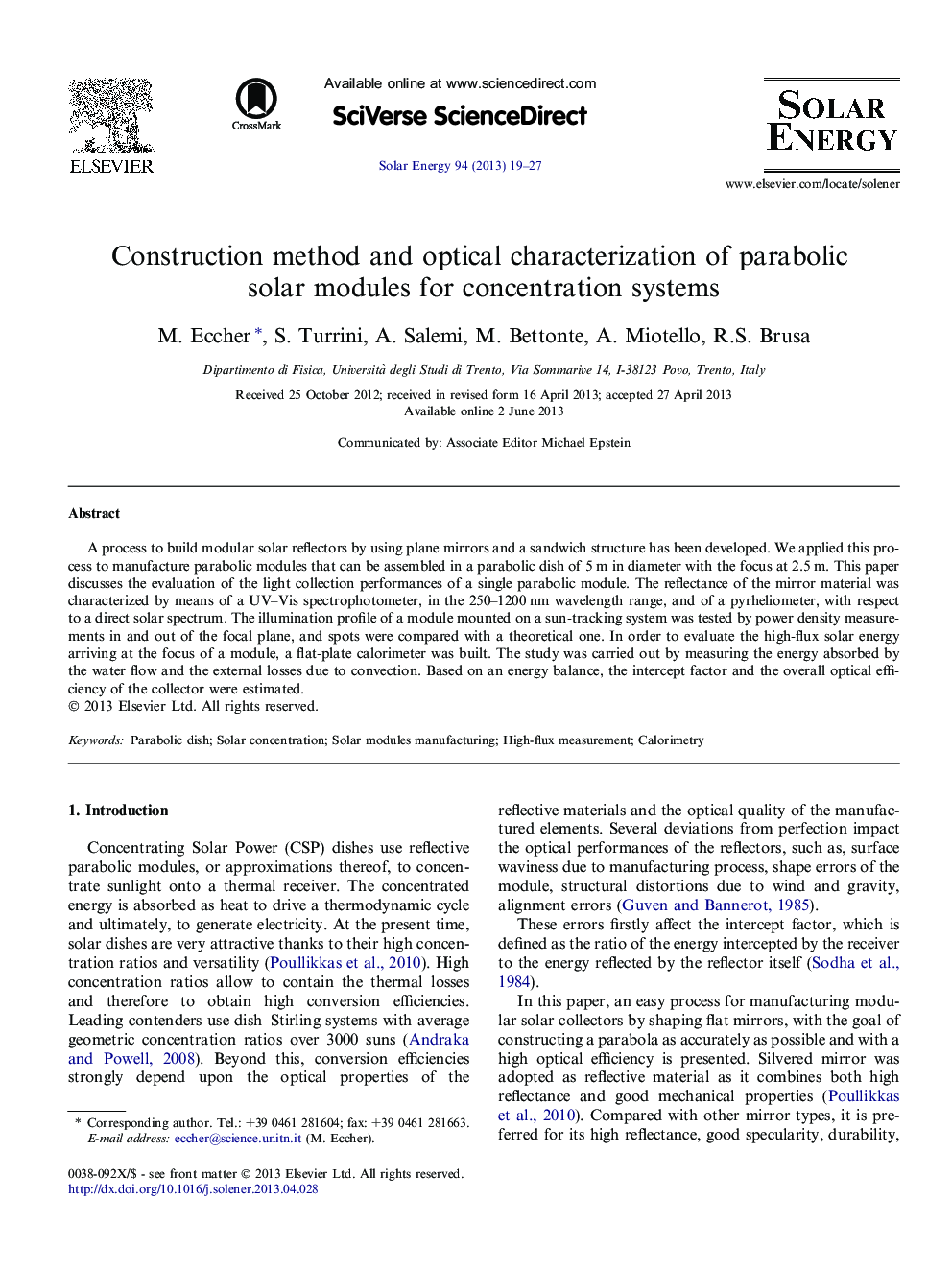 Construction method and optical characterization of parabolic solar modules for concentration systems