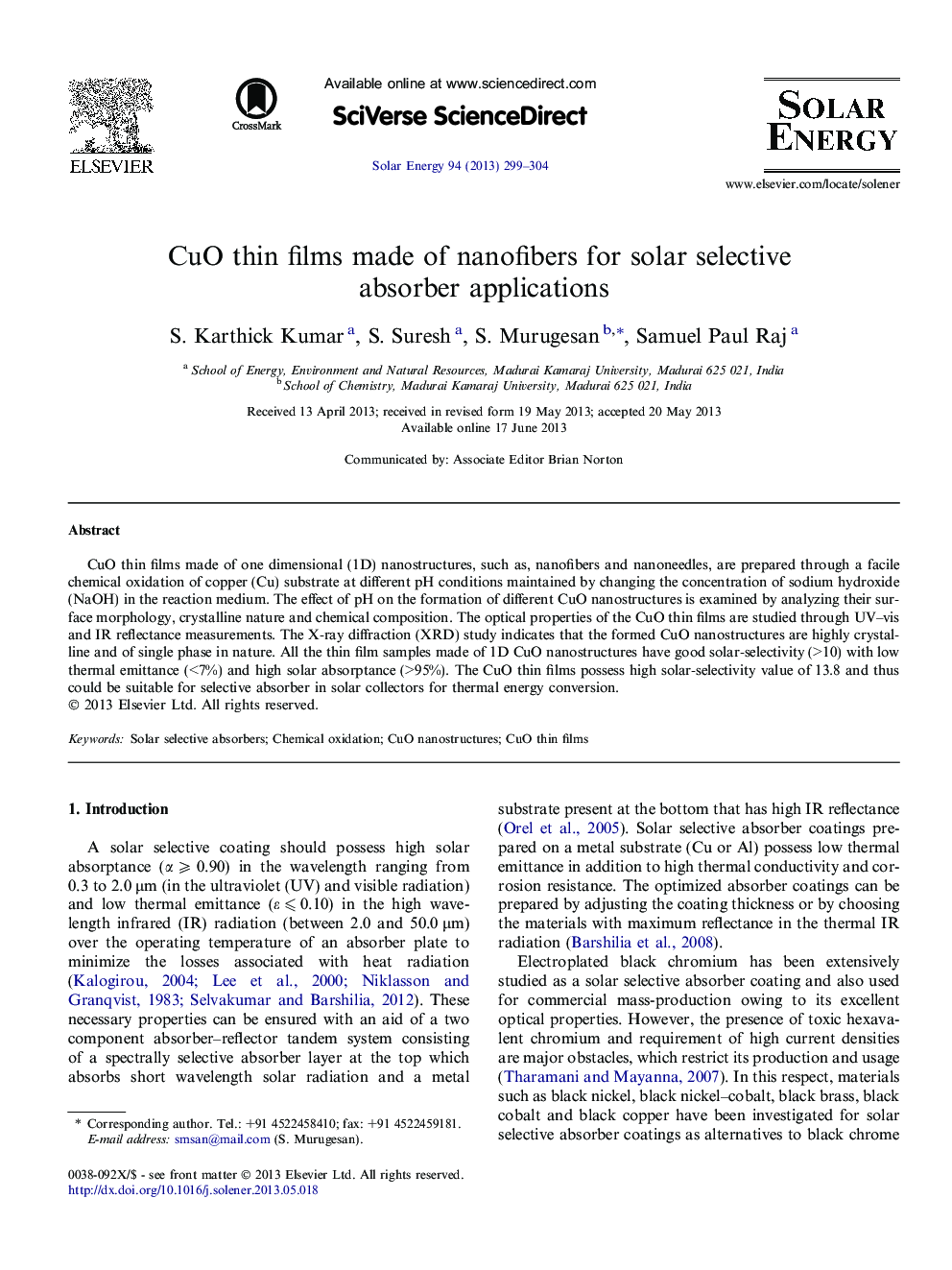 CuO thin films made of nanofibers for solar selective absorber applications