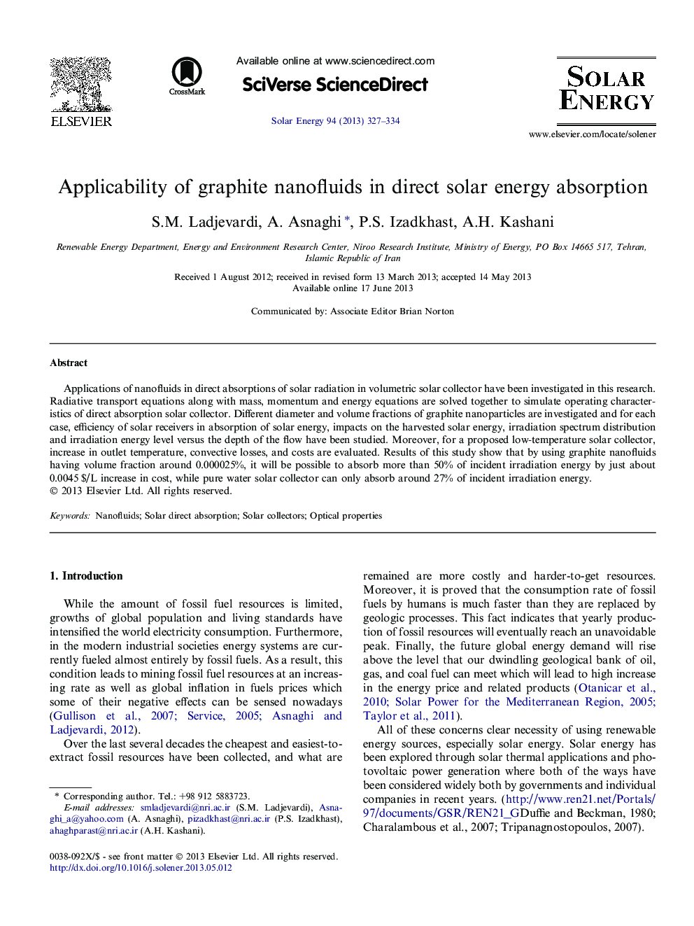 Applicability of graphite nanofluids in direct solar energy absorption