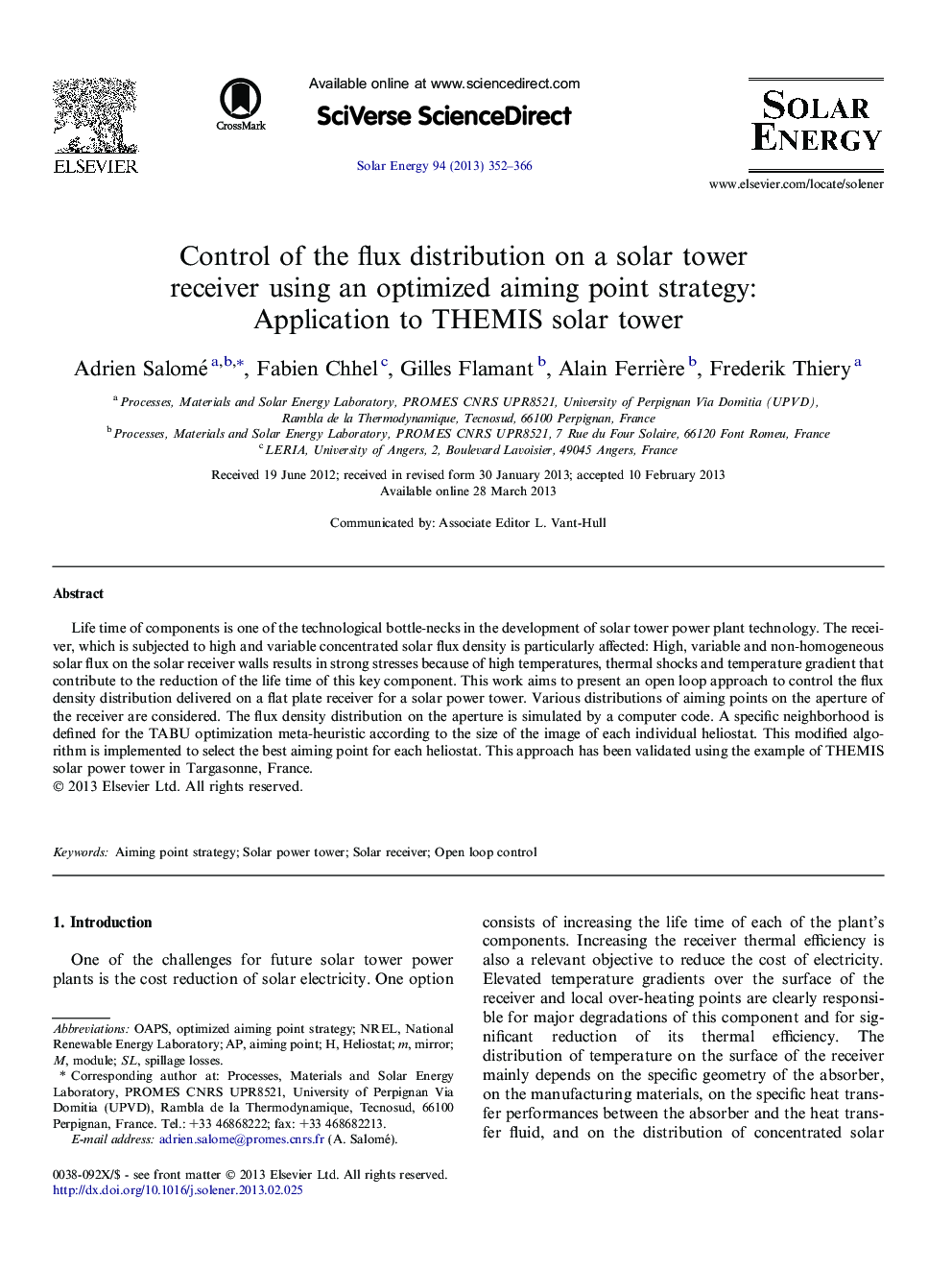 Control of the flux distribution on a solar tower receiver using an optimized aiming point strategy: Application to THEMIS solar tower