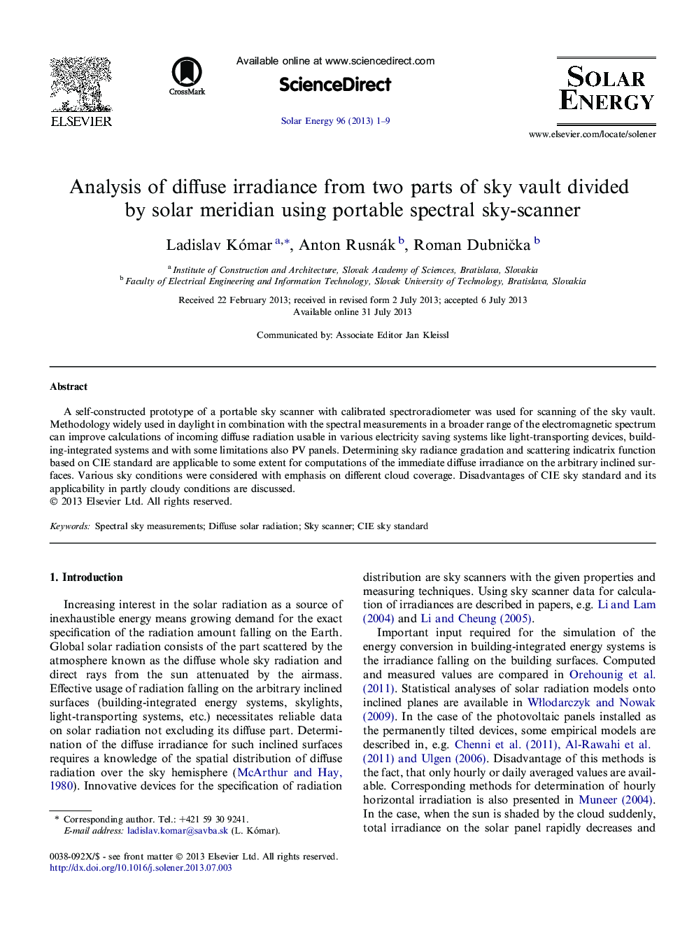 Analysis of diffuse irradiance from two parts of sky vault divided by solar meridian using portable spectral sky-scanner