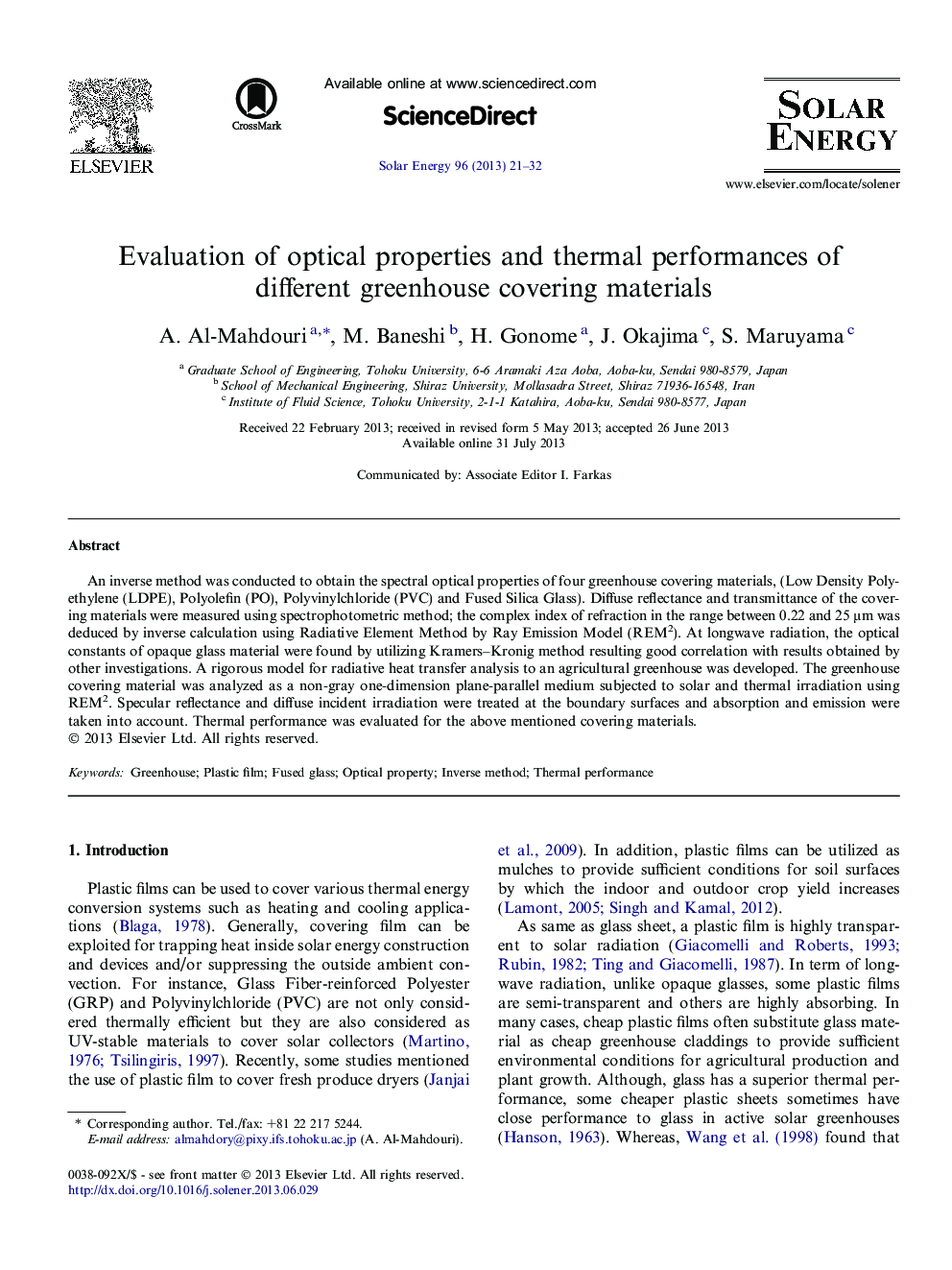 Evaluation of optical properties and thermal performances of different greenhouse covering materials