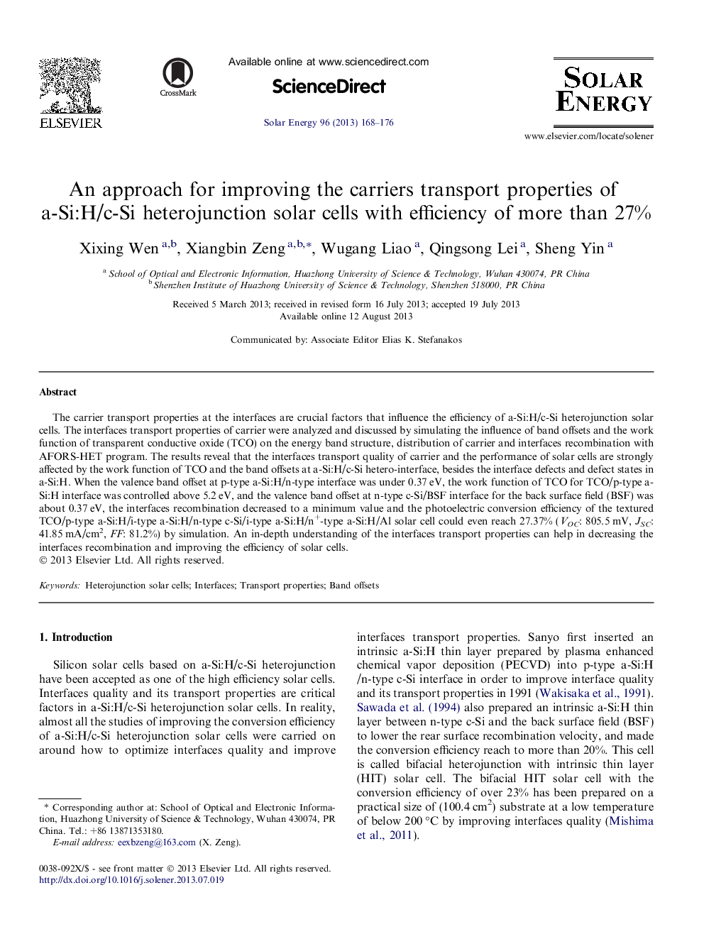 An approach for improving the carriers transport properties of a-Si:H/c-Si heterojunction solar cells with efficiency of more than 27%