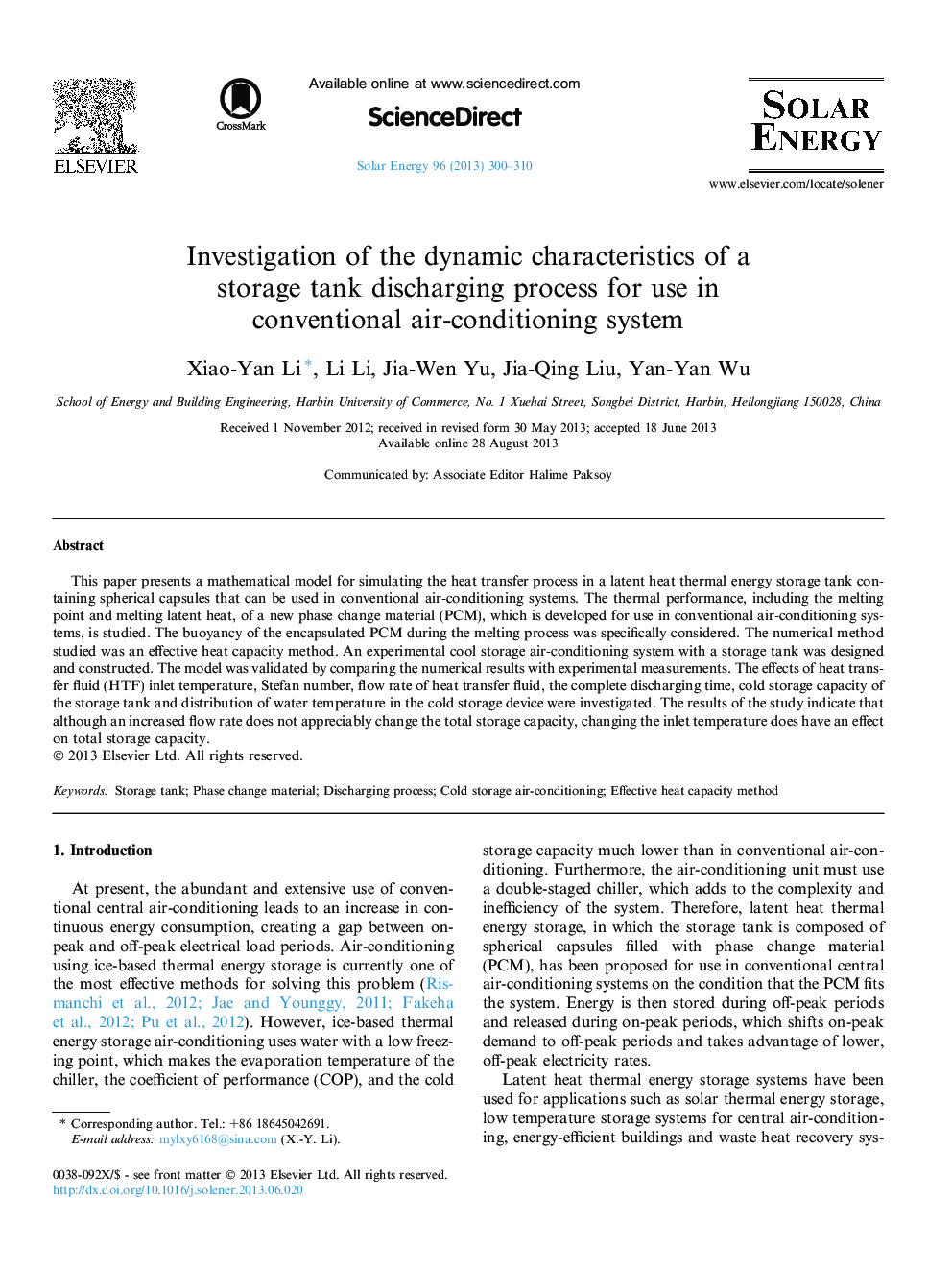 Investigation of the dynamic characteristics of a storage tank discharging process for use in conventional air-conditioning system