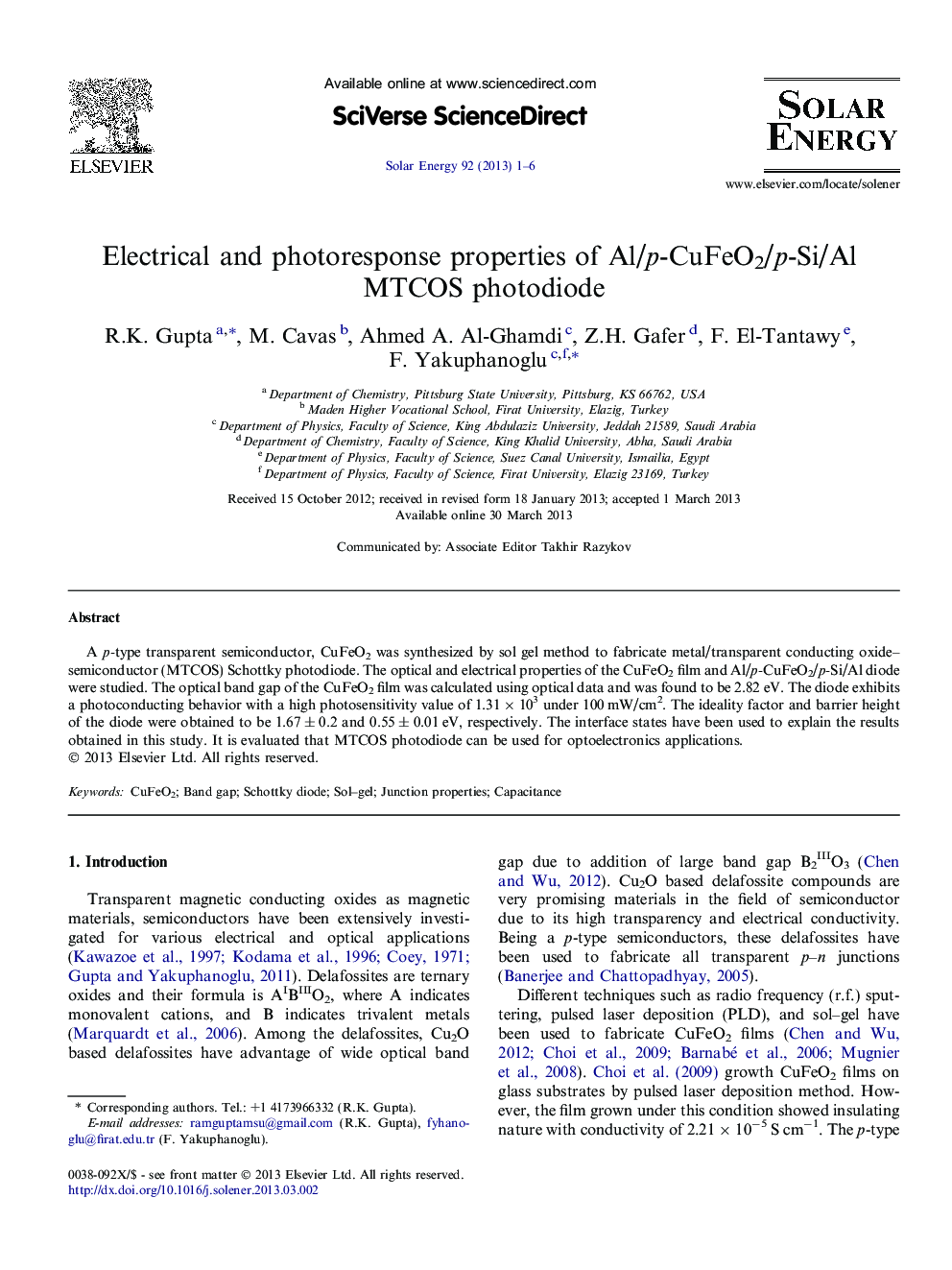 Electrical and photoresponse properties of Al/p-CuFeO2/p-Si/Al MTCOS photodiode