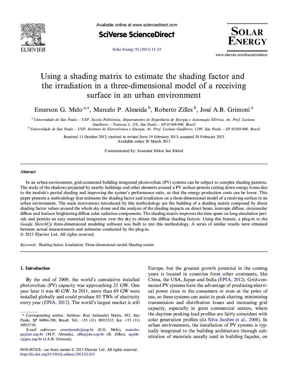Using a shading matrix to estimate the shading factor and the irradiation in a three-dimensional model of a receiving surface in an urban environment