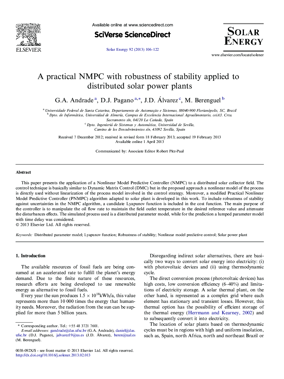 A practical NMPC with robustness of stability applied to distributed solar power plants
