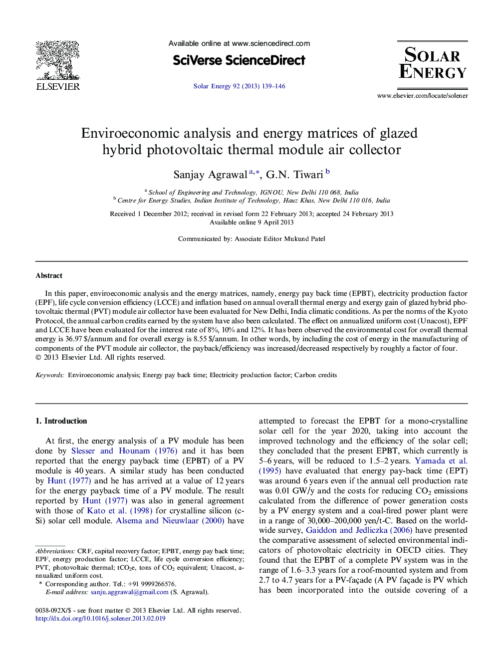 Enviroeconomic analysis and energy matrices of glazed hybrid photovoltaic thermal module air collector