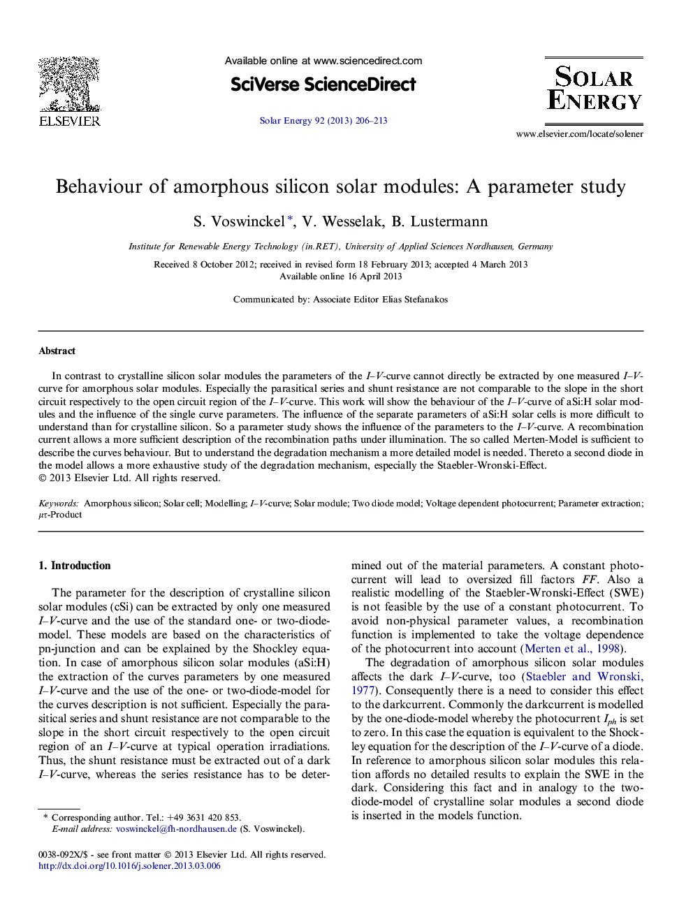 Behaviour of amorphous silicon solar modules: A parameter study