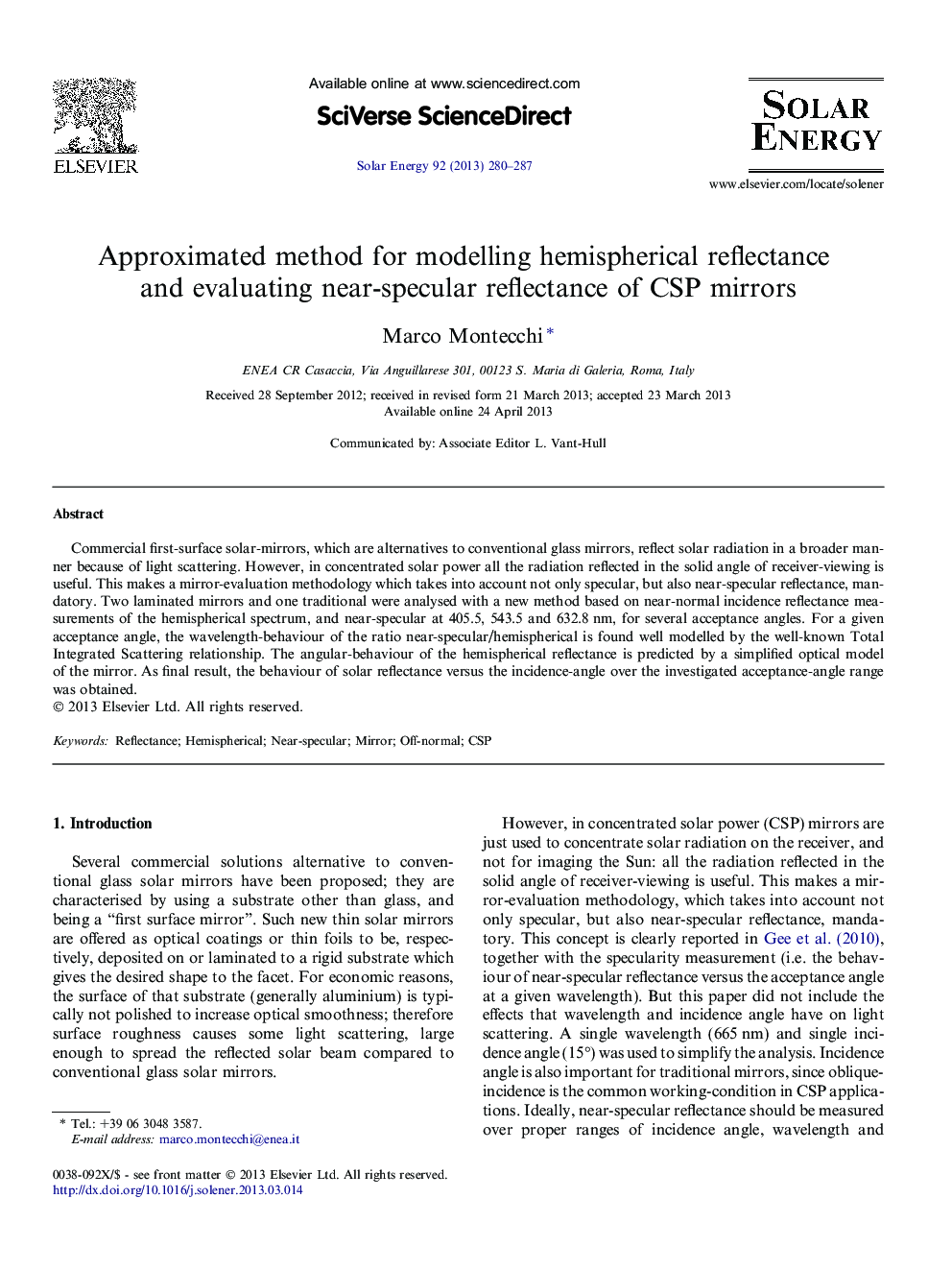 Approximated method for modelling hemispherical reflectance and evaluating near-specular reflectance of CSP mirrors