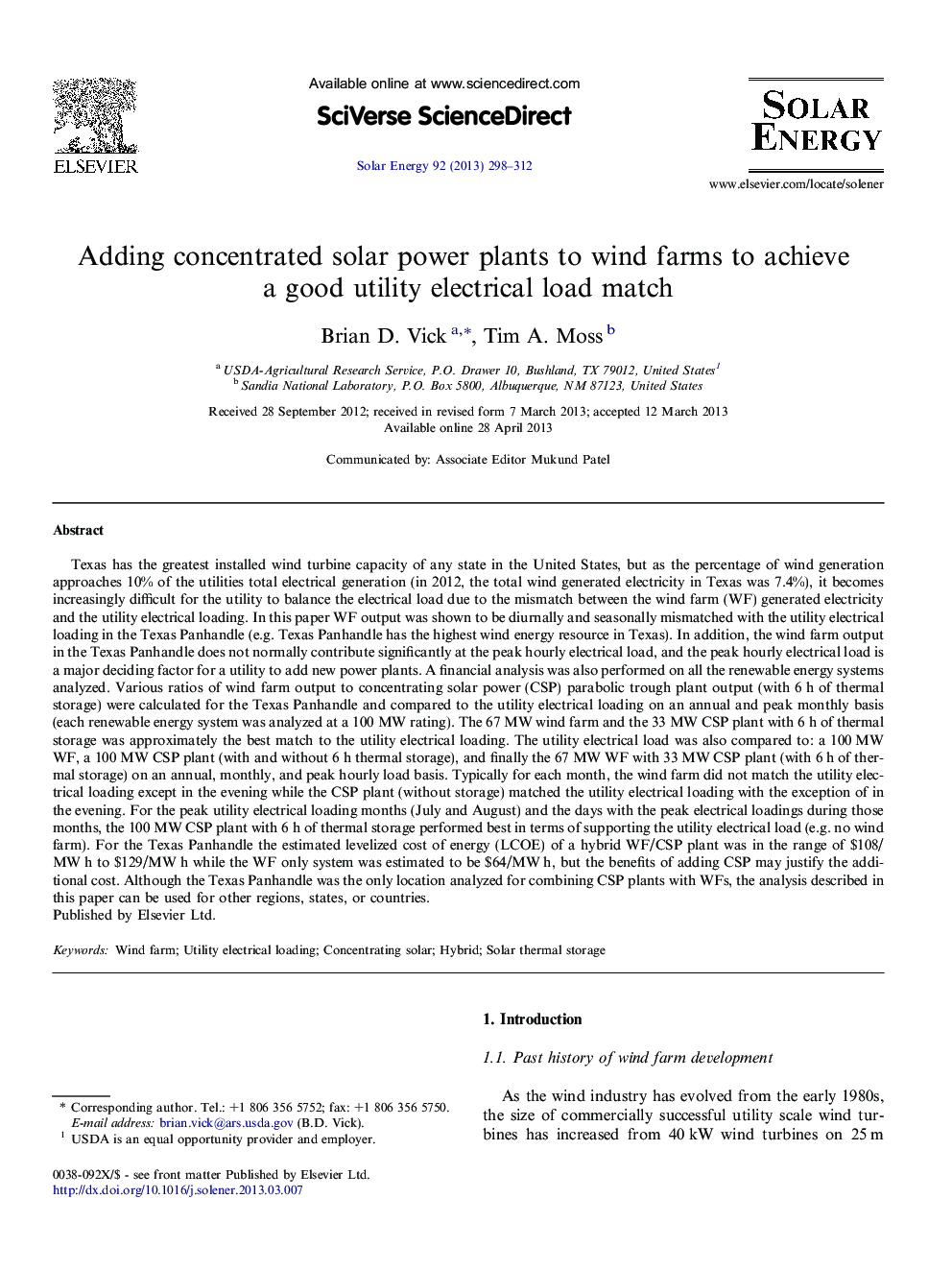 Adding concentrated solar power plants to wind farms to achieve a good utility electrical load match