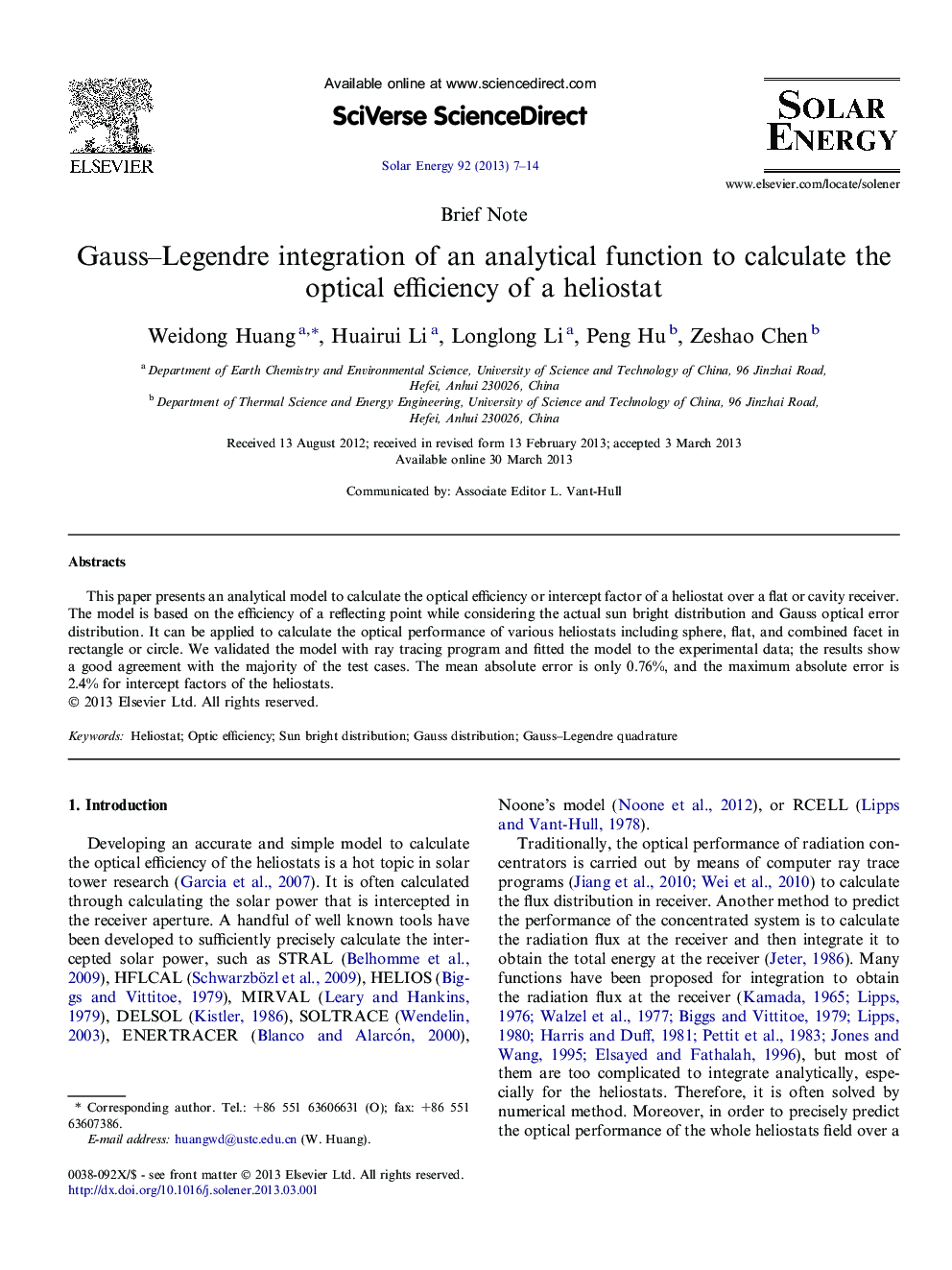 Gauss–Legendre integration of an analytical function to calculate the optical efficiency of a heliostat