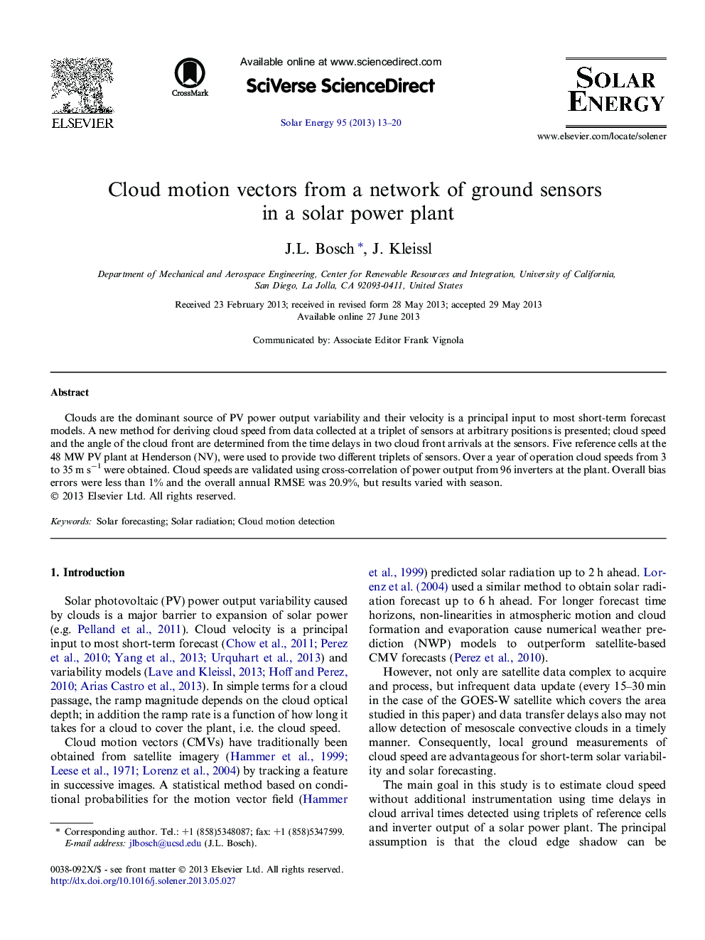 Cloud motion vectors from a network of ground sensors in a solar power plant