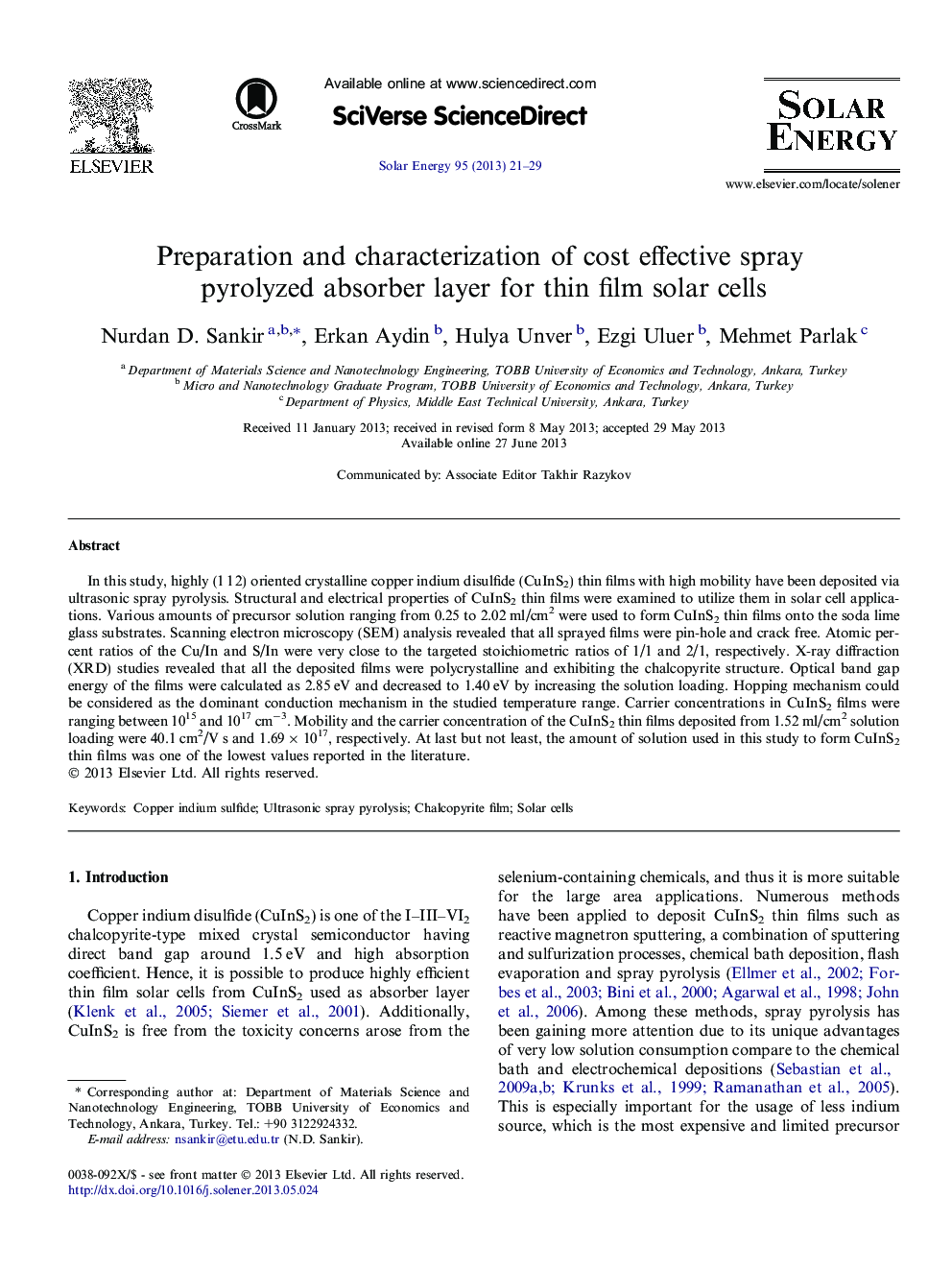 Preparation and characterization of cost effective spray pyrolyzed absorber layer for thin film solar cells