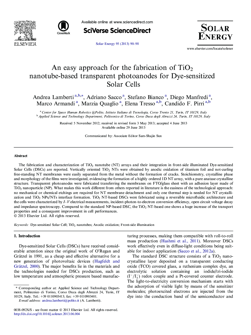 An easy approach for the fabrication of TiO2 nanotube-based transparent photoanodes for Dye-sensitized Solar Cells