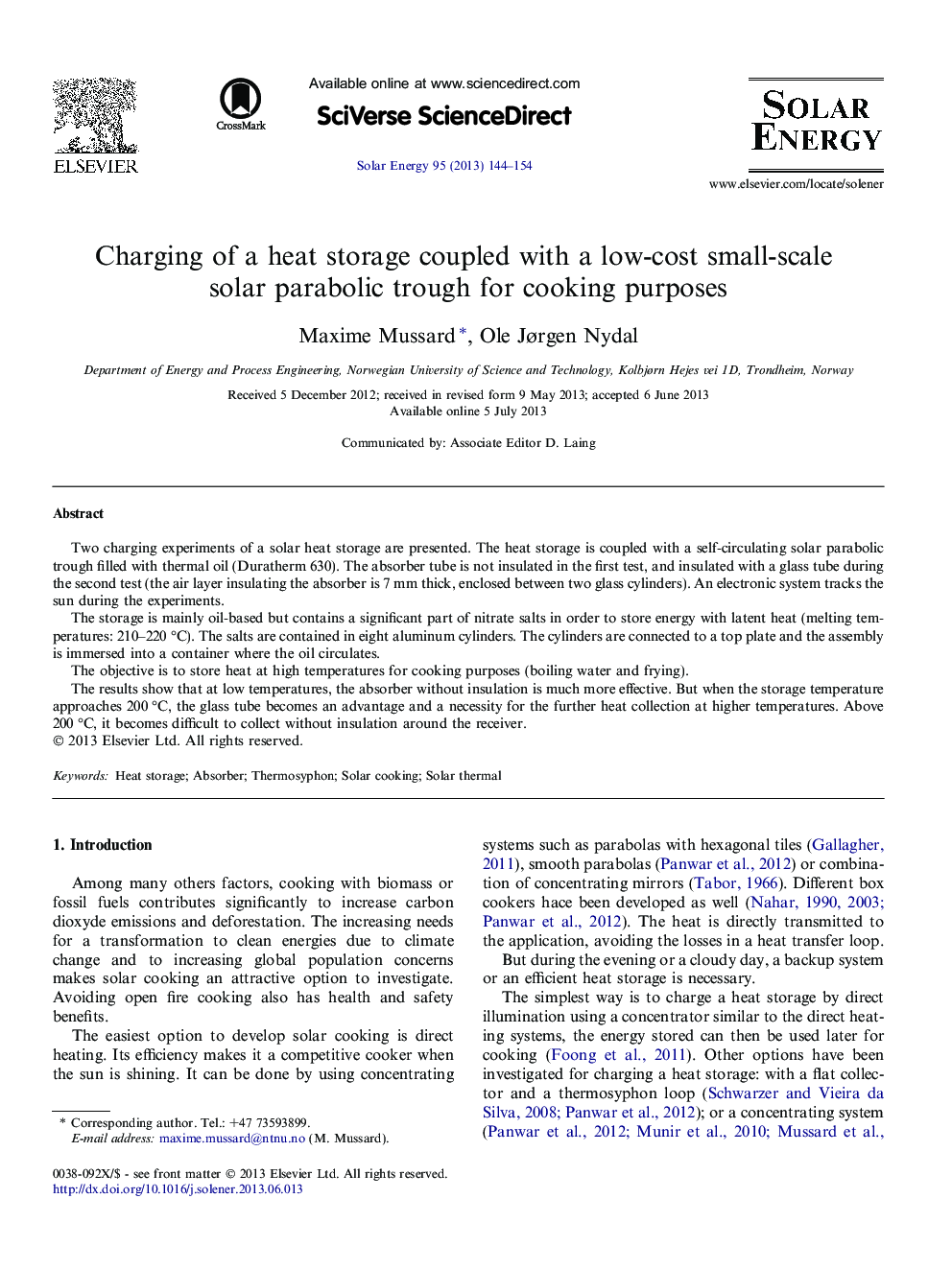 Charging of a heat storage coupled with a low-cost small-scale solar parabolic trough for cooking purposes