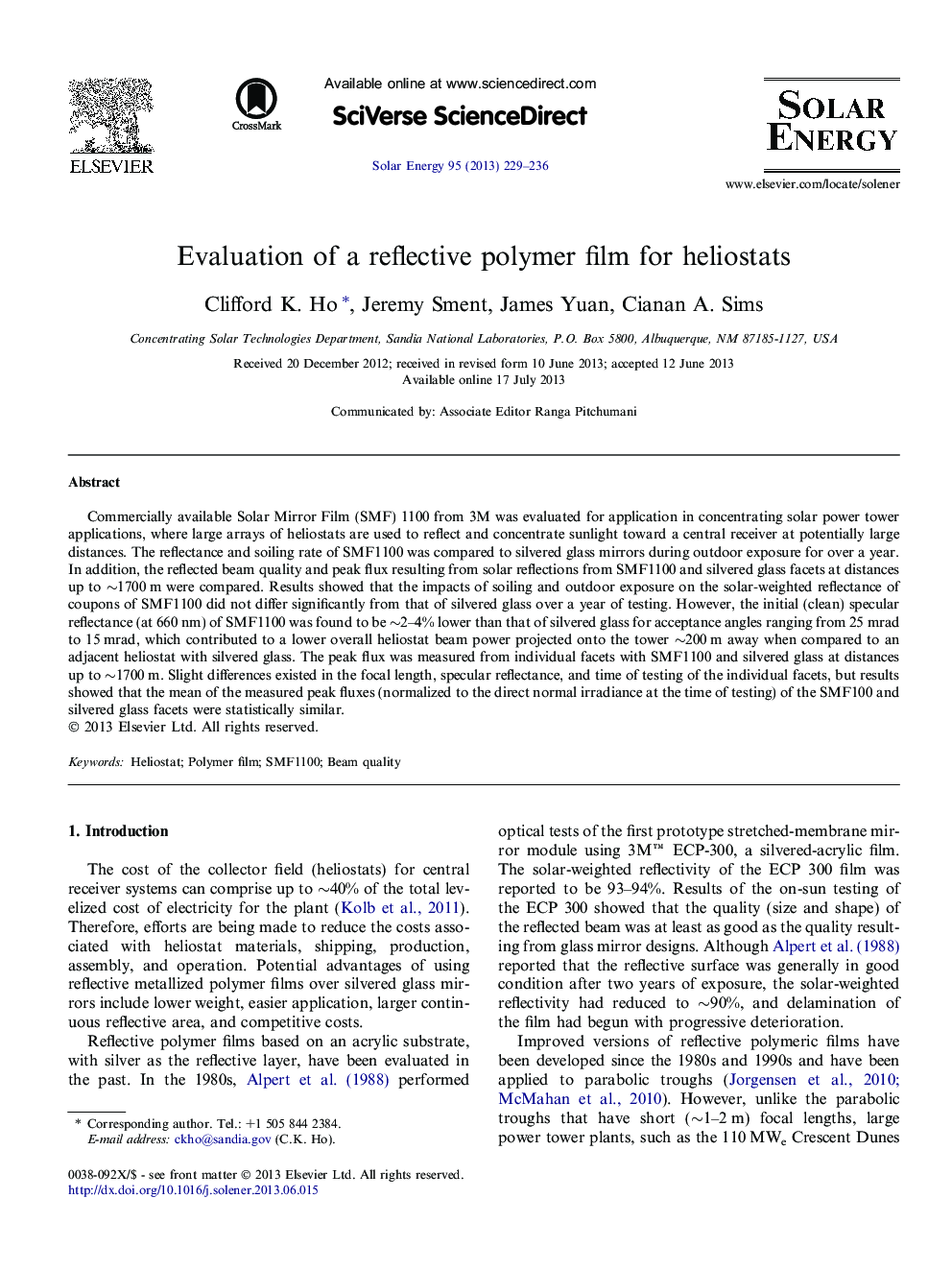 Evaluation of a reflective polymer film for heliostats