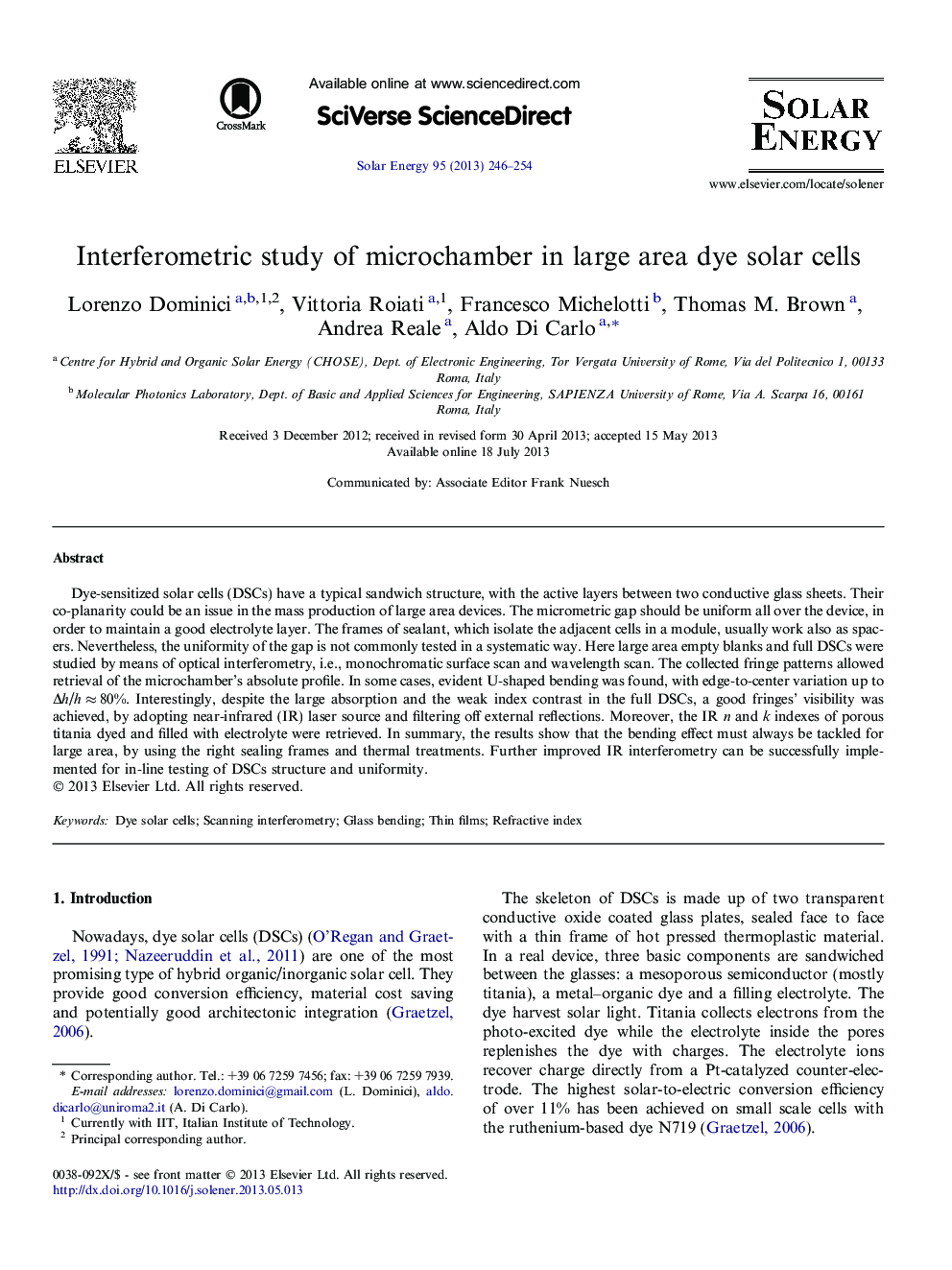 Interferometric study of microchamber in large area dye solar cells