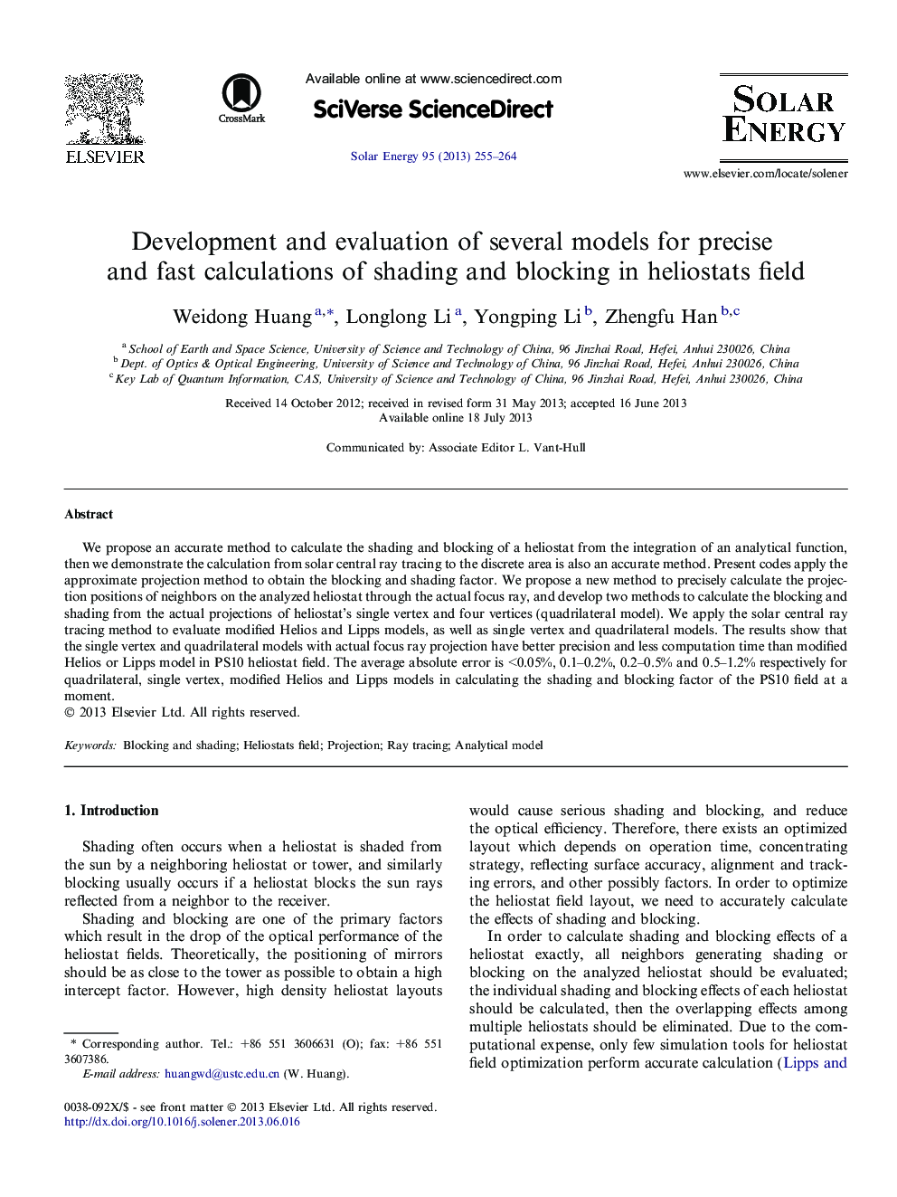 Development and evaluation of several models for precise and fast calculations of shading and blocking in heliostats field