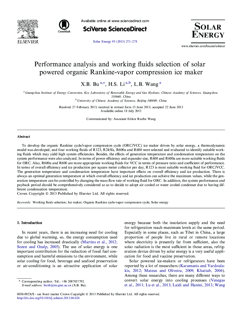 Performance analysis and working fluids selection of solar powered organic Rankine-vapor compression ice maker