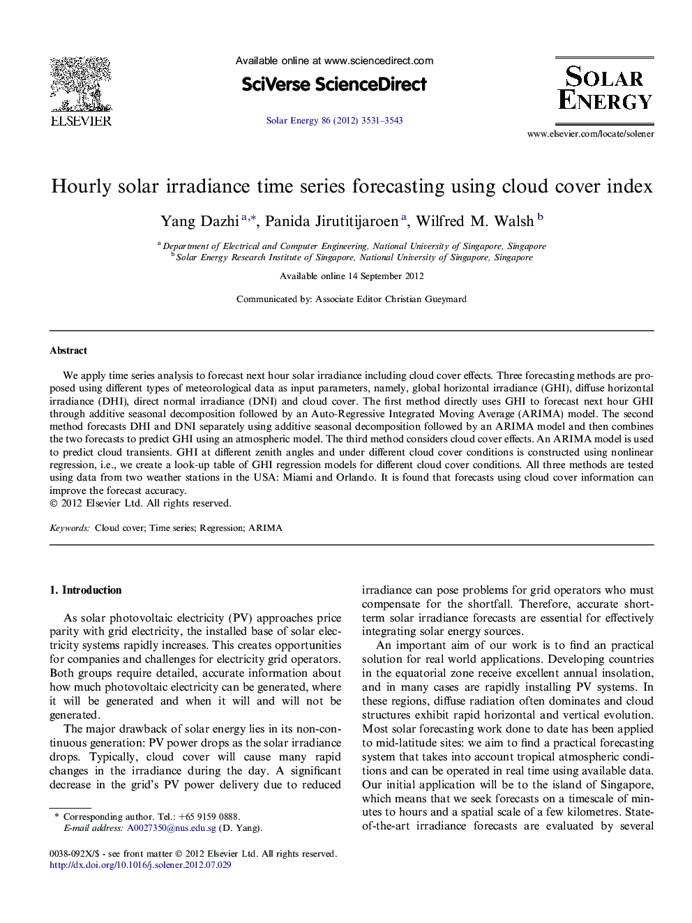 Hourly solar irradiance time series forecasting using cloud cover index