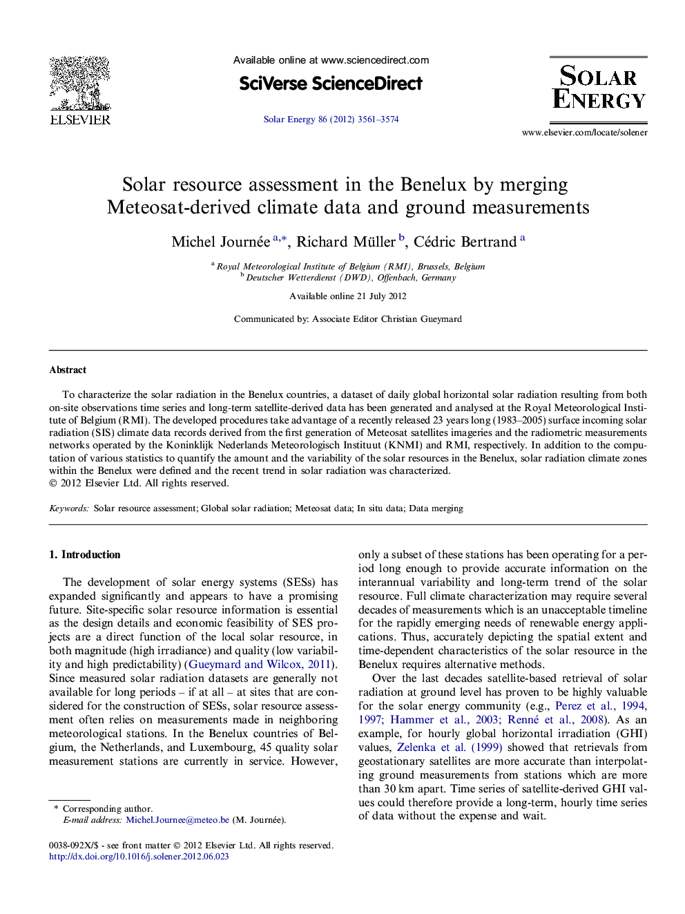 Solar resource assessment in the Benelux by merging Meteosat-derived climate data and ground measurements