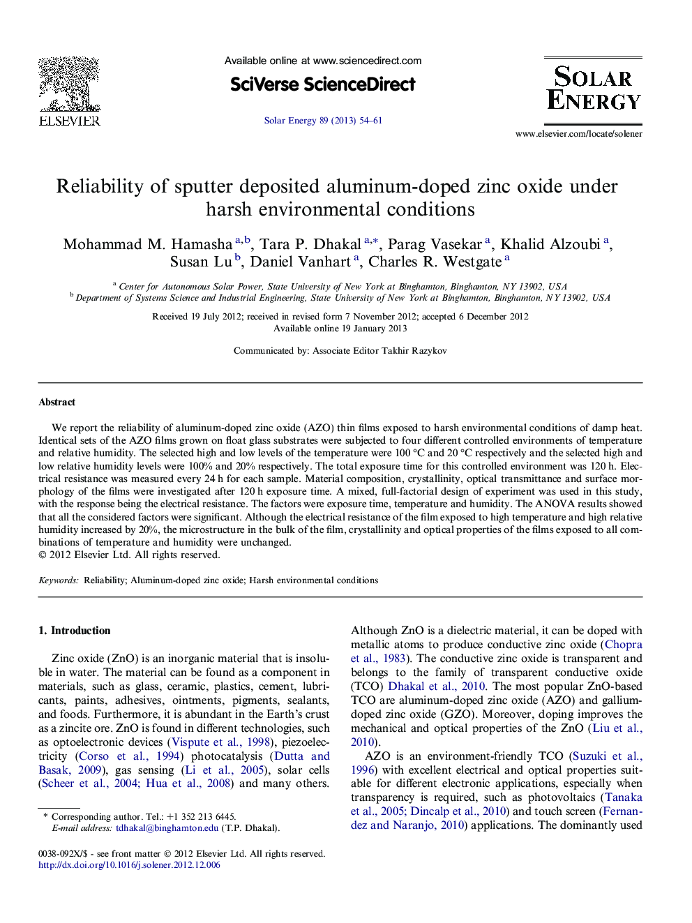 Reliability of sputter deposited aluminum-doped zinc oxide under harsh environmental conditions