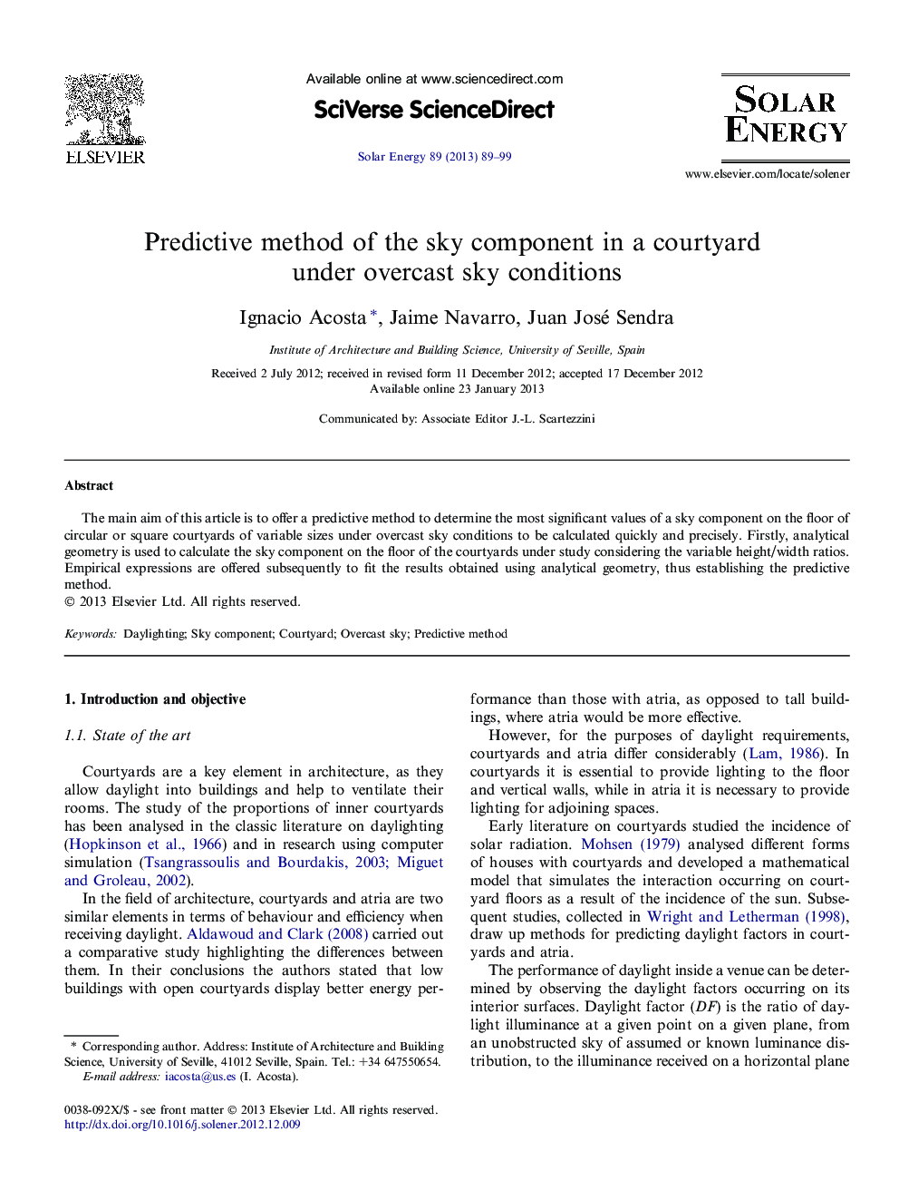 Predictive method of the sky component in a courtyard under overcast sky conditions