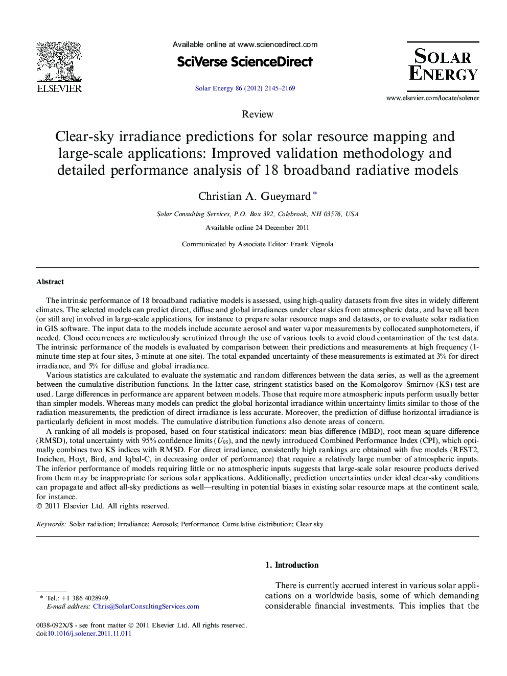 Clear-sky irradiance predictions for solar resource mapping and large-scale applications: Improved validation methodology and detailed performance analysis of 18 broadband radiative models