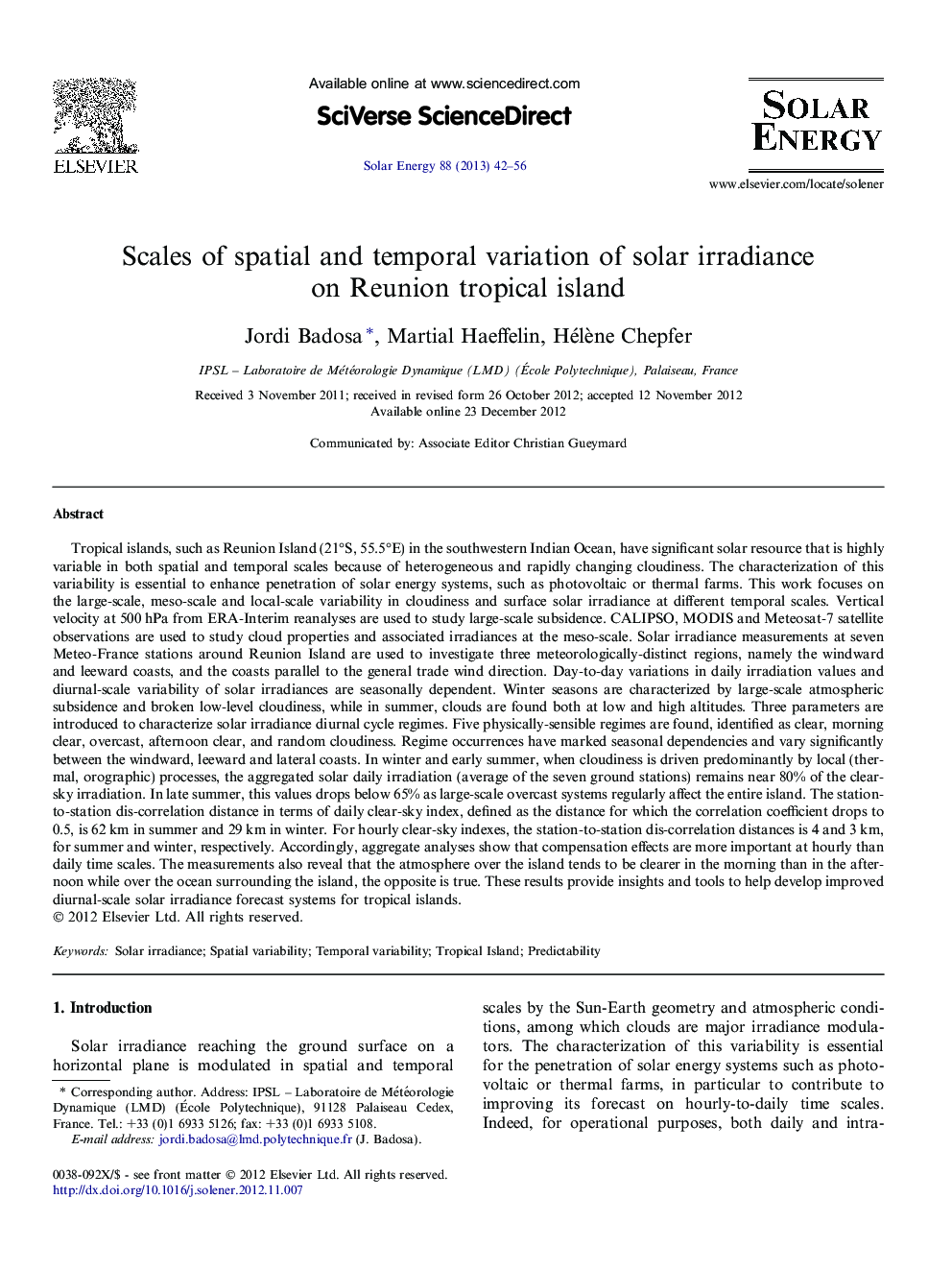 Scales of spatial and temporal variation of solar irradiance on Reunion tropical island