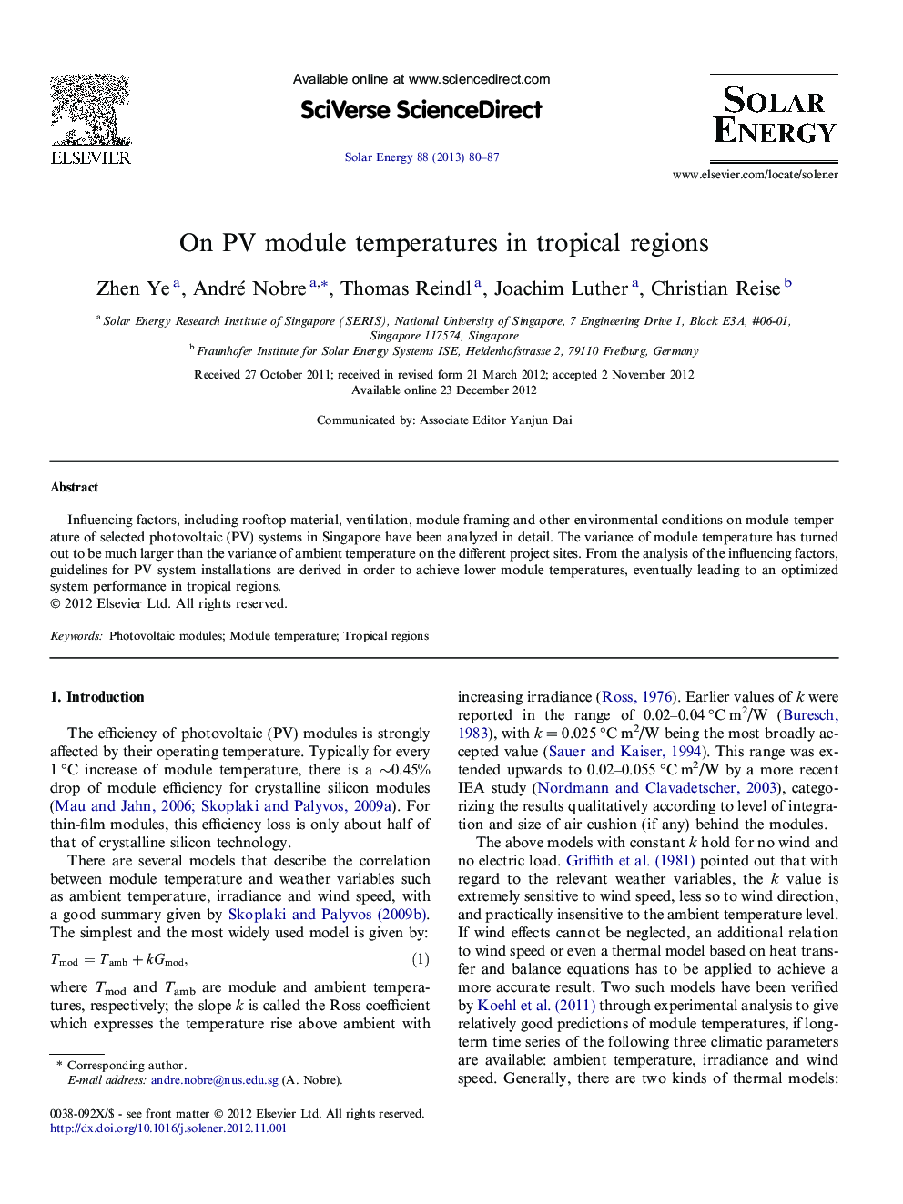 عکس صفحه اول مقاله: On PV module temperatures in tropical regions On PV module temperatures in tropical regions