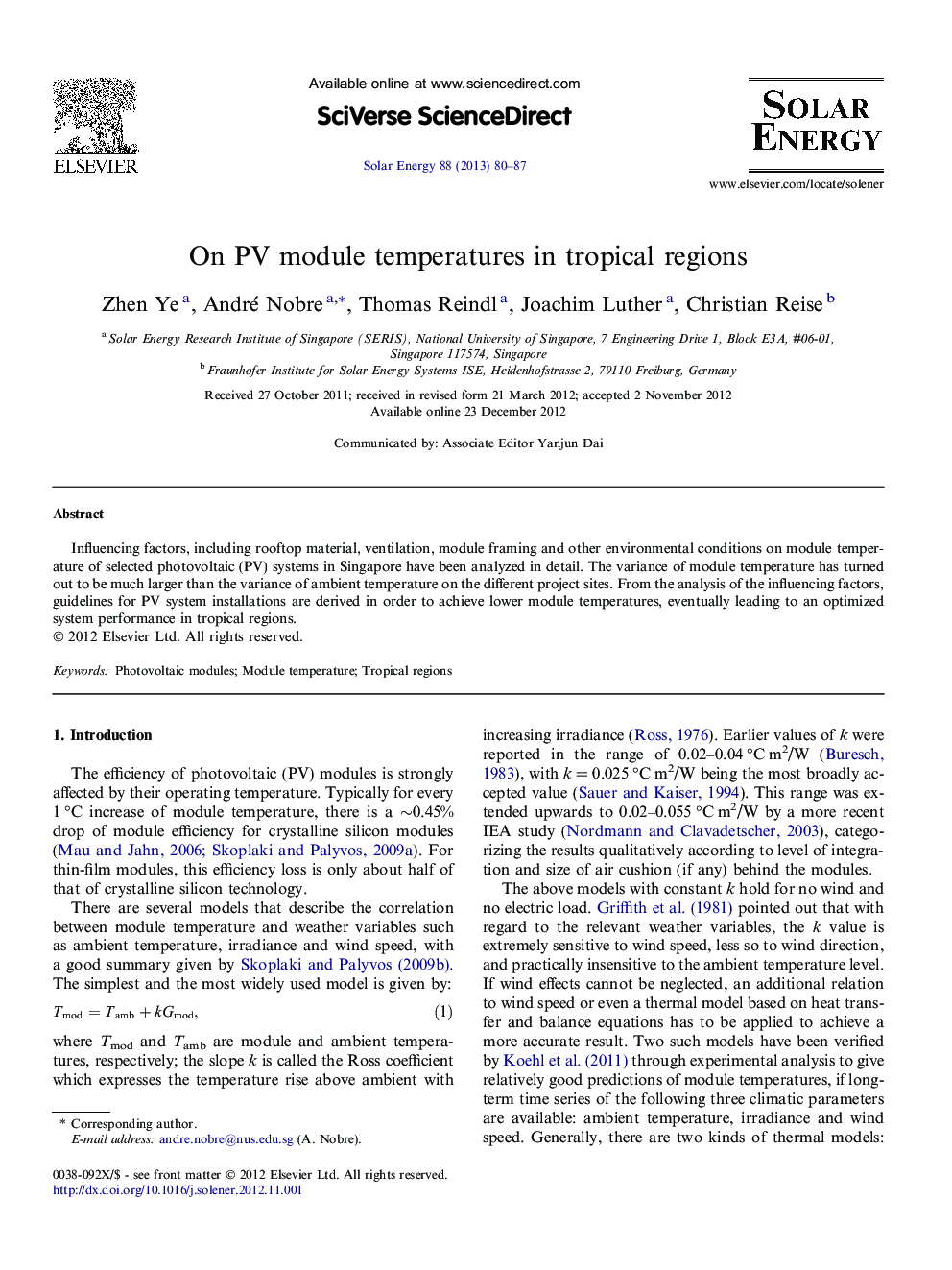 On PV module temperatures in tropical regions