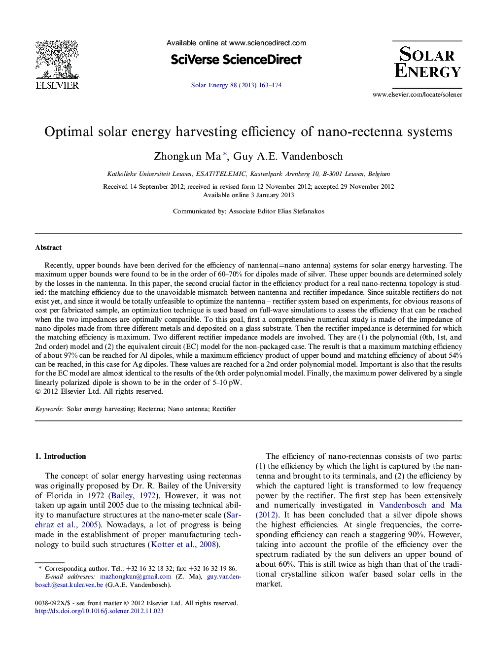 Optimal solar energy harvesting efficiency of nano-rectenna systems