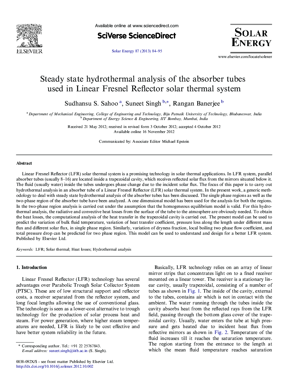 Steady state hydrothermal analysis of the absorber tubes used in Linear Fresnel Reflector solar thermal system