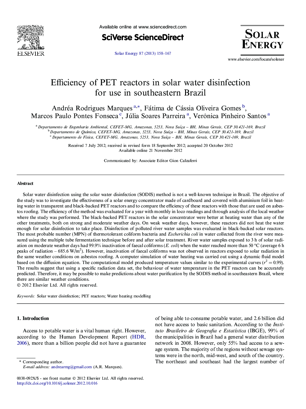 Efficiency of PET reactors in solar water disinfection for use in southeastern Brazil