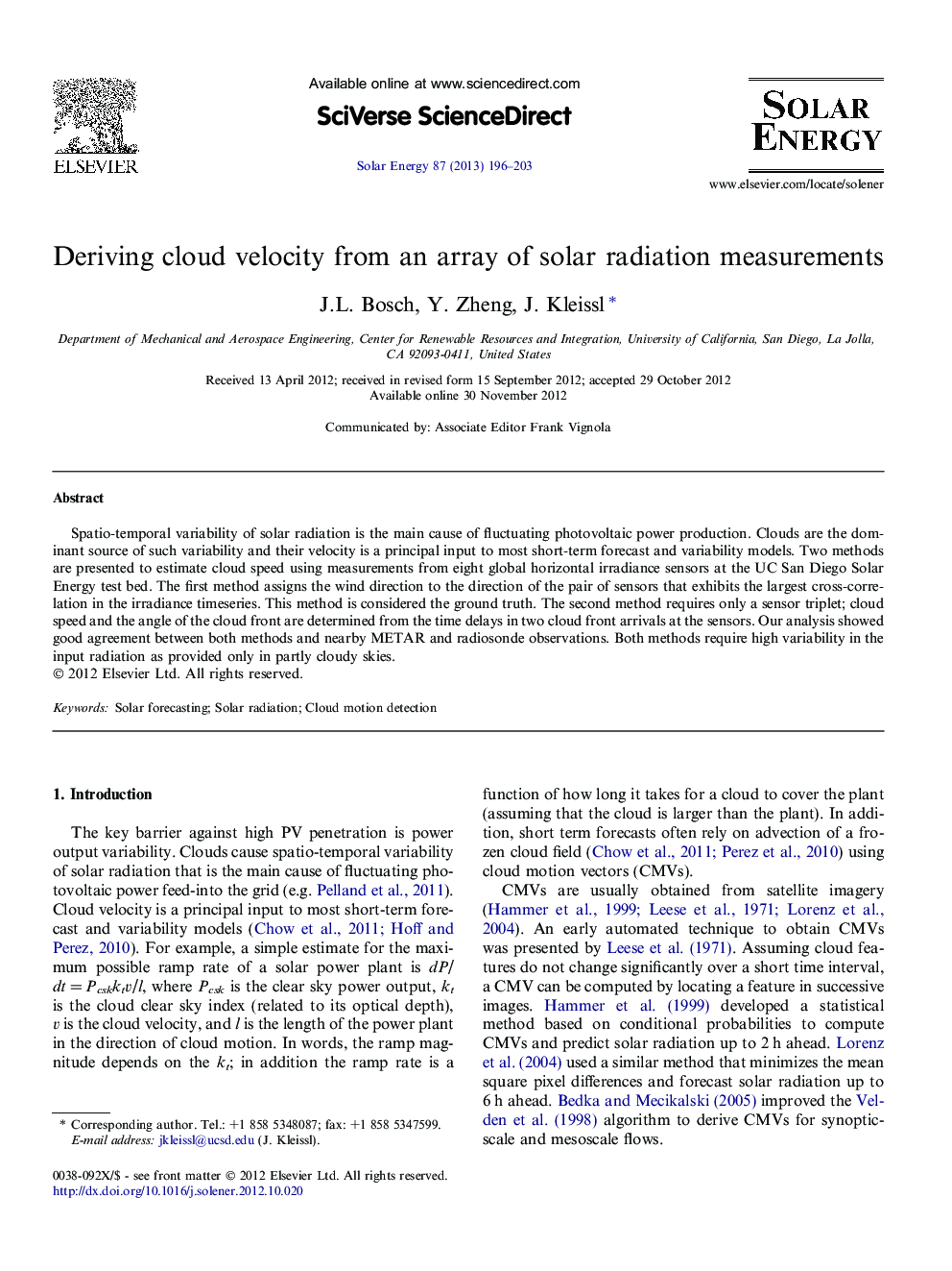 Deriving cloud velocity from an array of solar radiation measurements