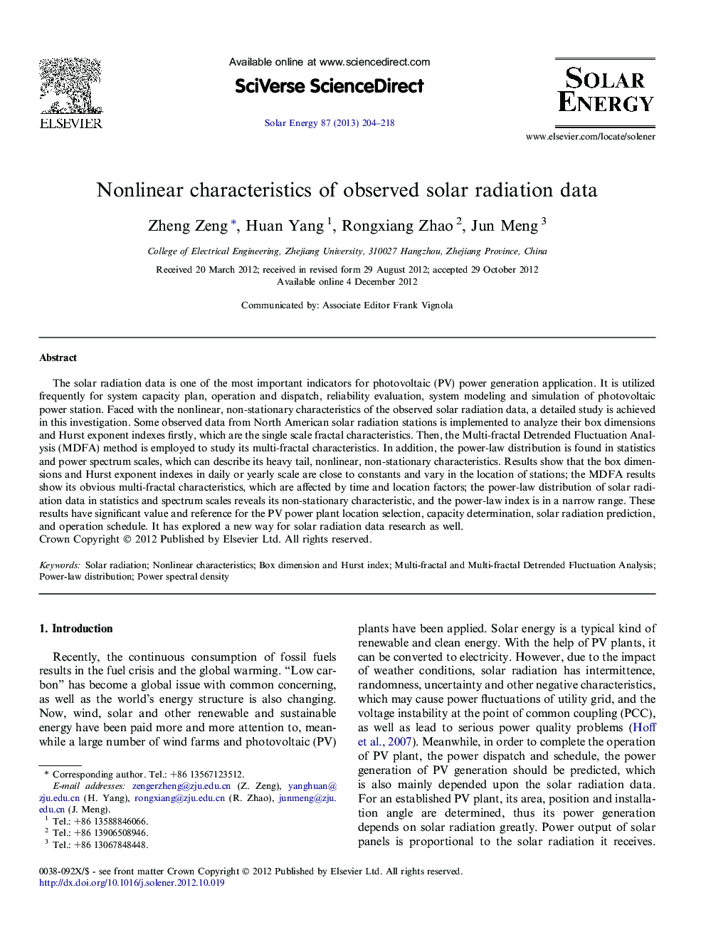 Nonlinear characteristics of observed solar radiation data