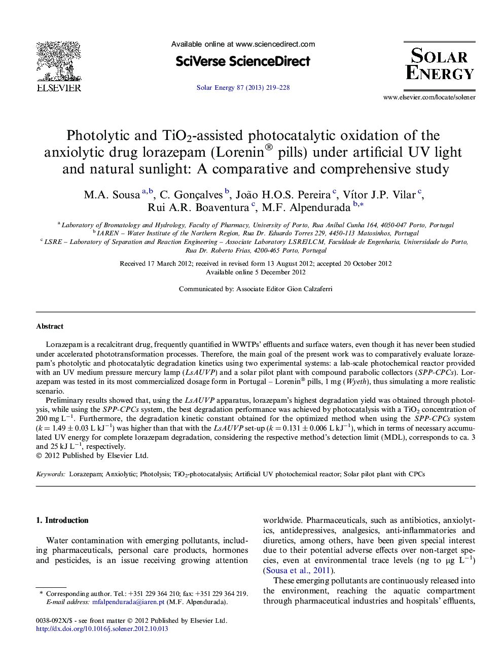 Photolytic and TiO2-assisted photocatalytic oxidation of the anxiolytic drug lorazepam (Lorenin® pills) under artificial UV light and natural sunlight: A comparative and comprehensive study
